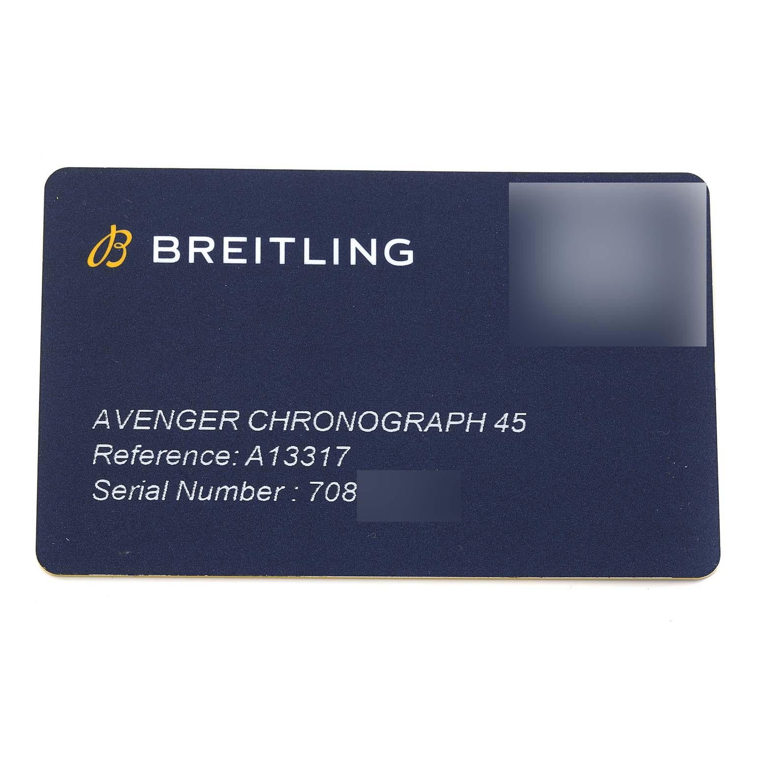 Breitling Avenger Chronograph 45 Schwarzes Zifferblatt Stahl Herrenuhr A13317 Box Card im Angebot 6