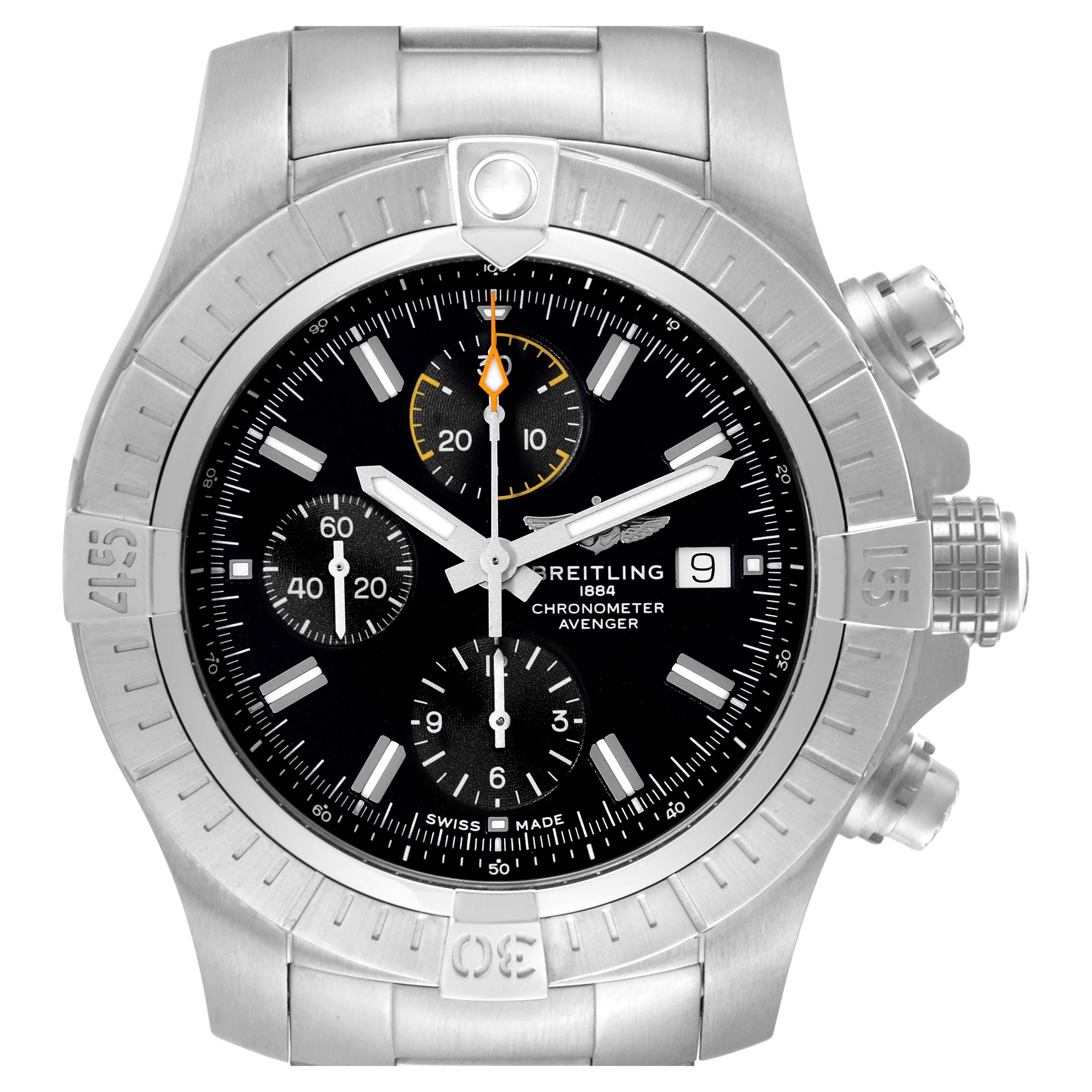 Breitling Avenger Chronograph 45 Black Dial Steel Mens Watch A13317 Box Card For Sale