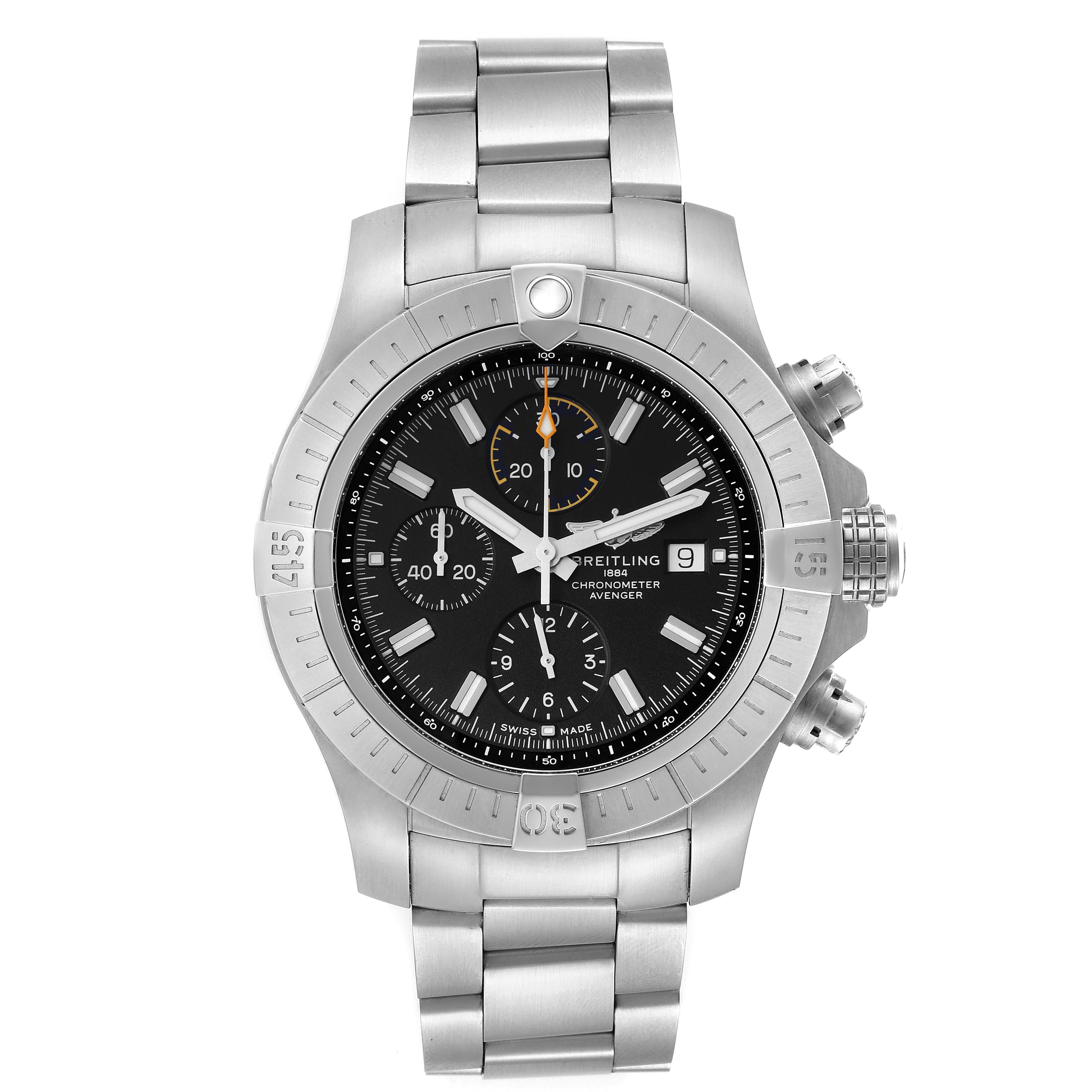 Breitling Avenger Chronograph 45 Black Dial Steel Mens Watch A13317 Unworn. Automatic self-winding movement. Chronograph function. Stainless steel case 45 mm in diameter with screwed-locked crown and pushers. Case thickness 16.4 mm. Stainless steel
