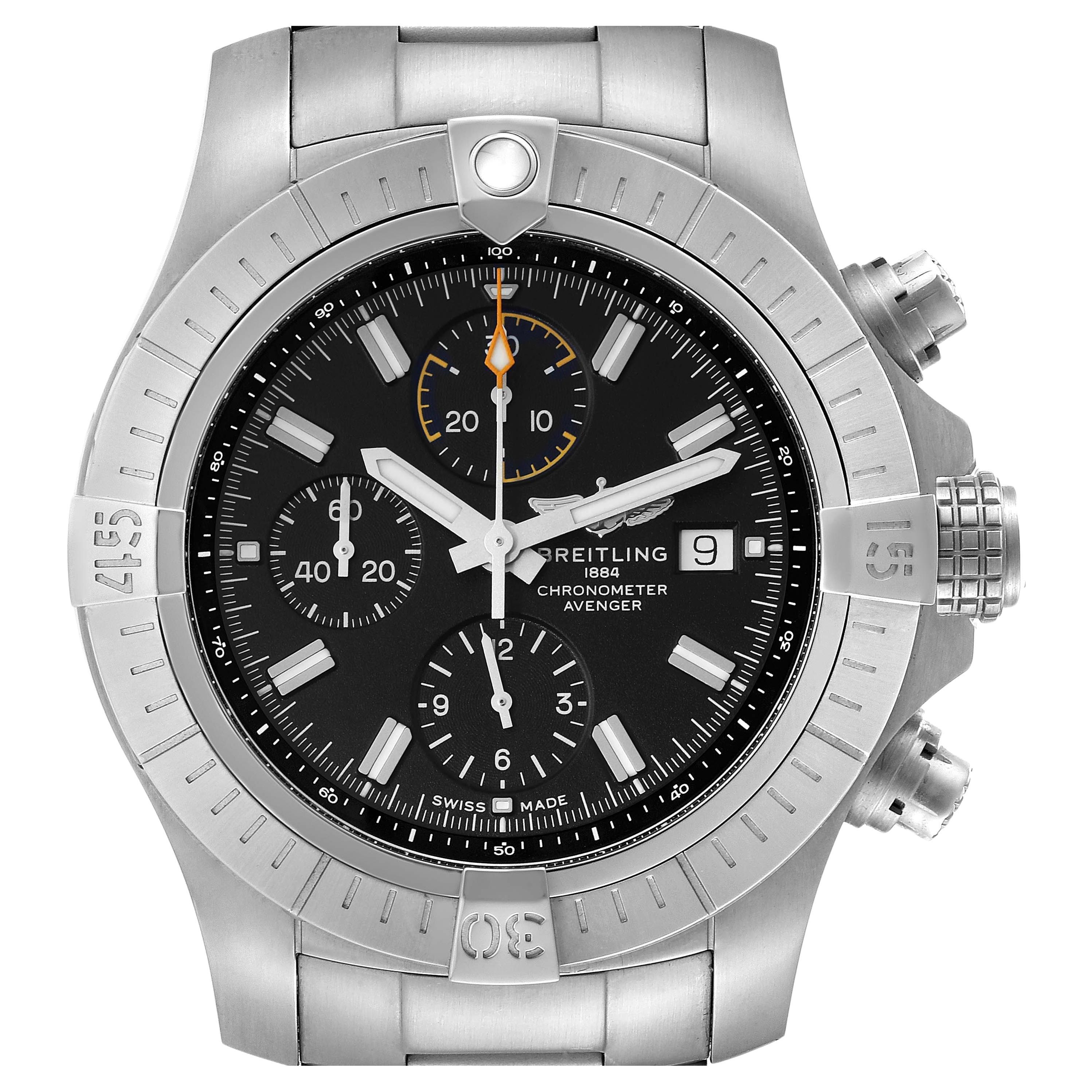 Breitling Avenger Chronograph 45 Black Dial Steel Mens Watch A13317 Unworn For Sale