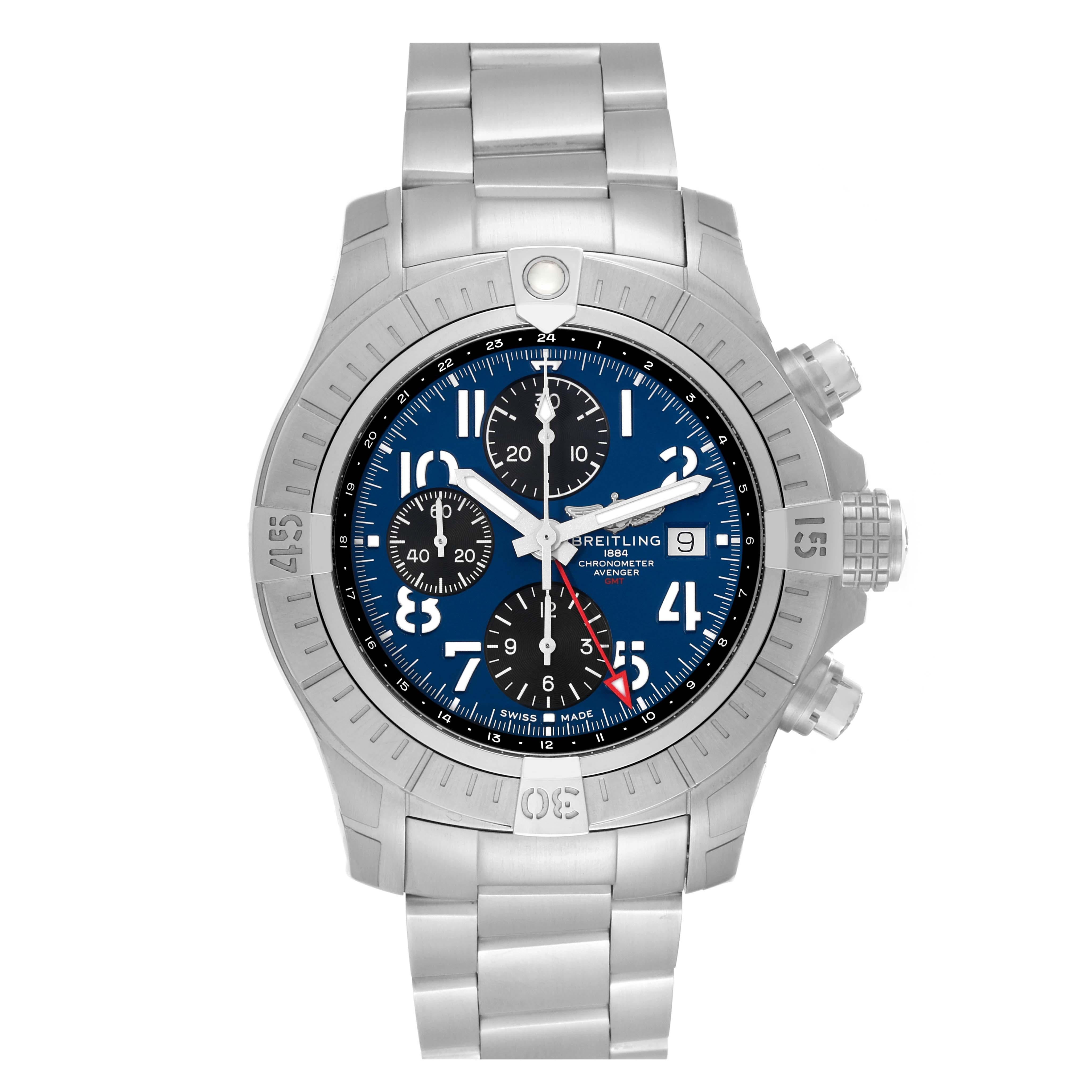 Breitling Avenger Chronograph GMT 45 Steel Mens Watch A24315 Box Card. Automatic self-winding movement. Chronograph function. Stainless steel case 45 mm in diameter with screwed-down crown and pushers. Stainless steel unidirectional rotating bezel.