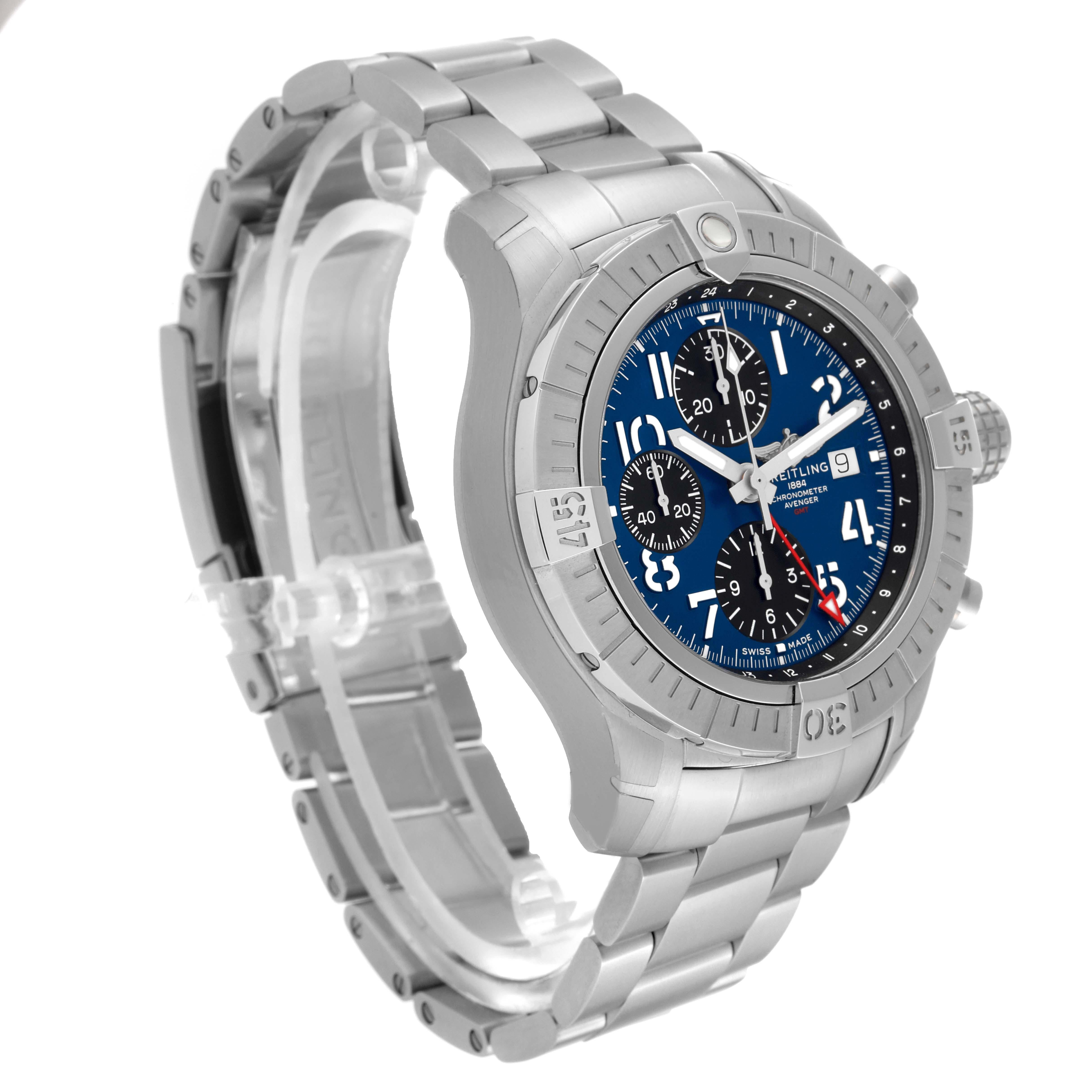 Men's Breitling Avenger Chronograph GMT 45 Steel Mens Watch A24315 Box Card For Sale