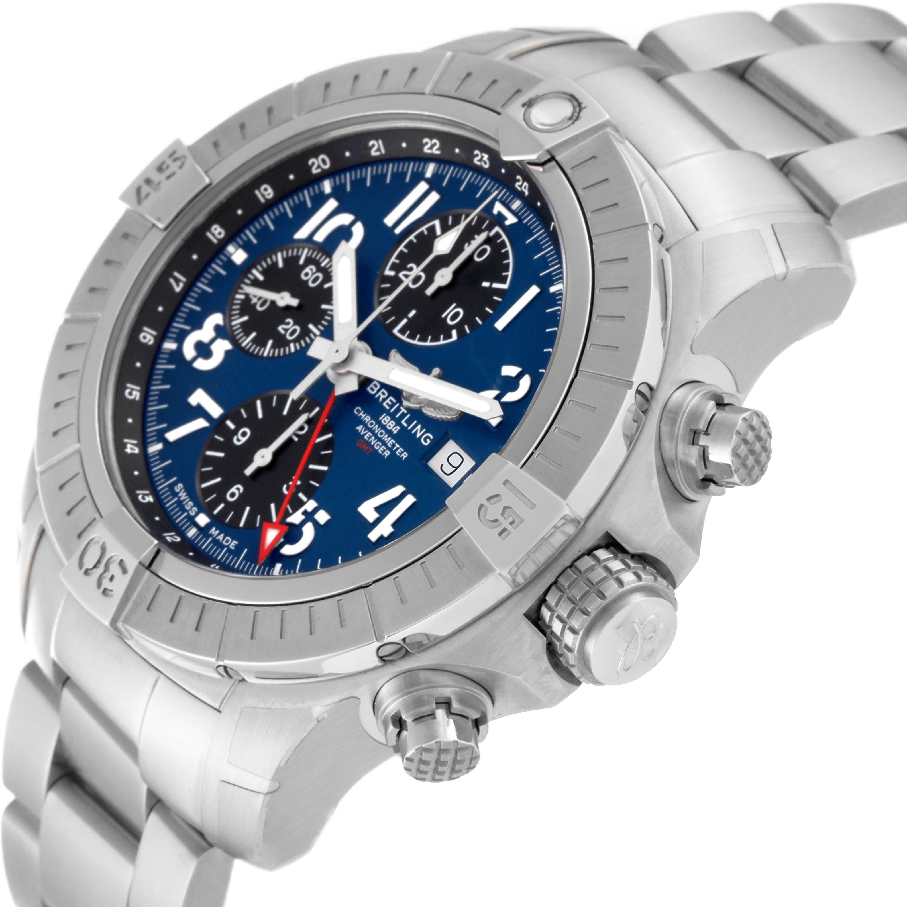 Breitling Avenger Chronograph GMT 45 Steel Mens Watch A24315 Box Card For Sale 3