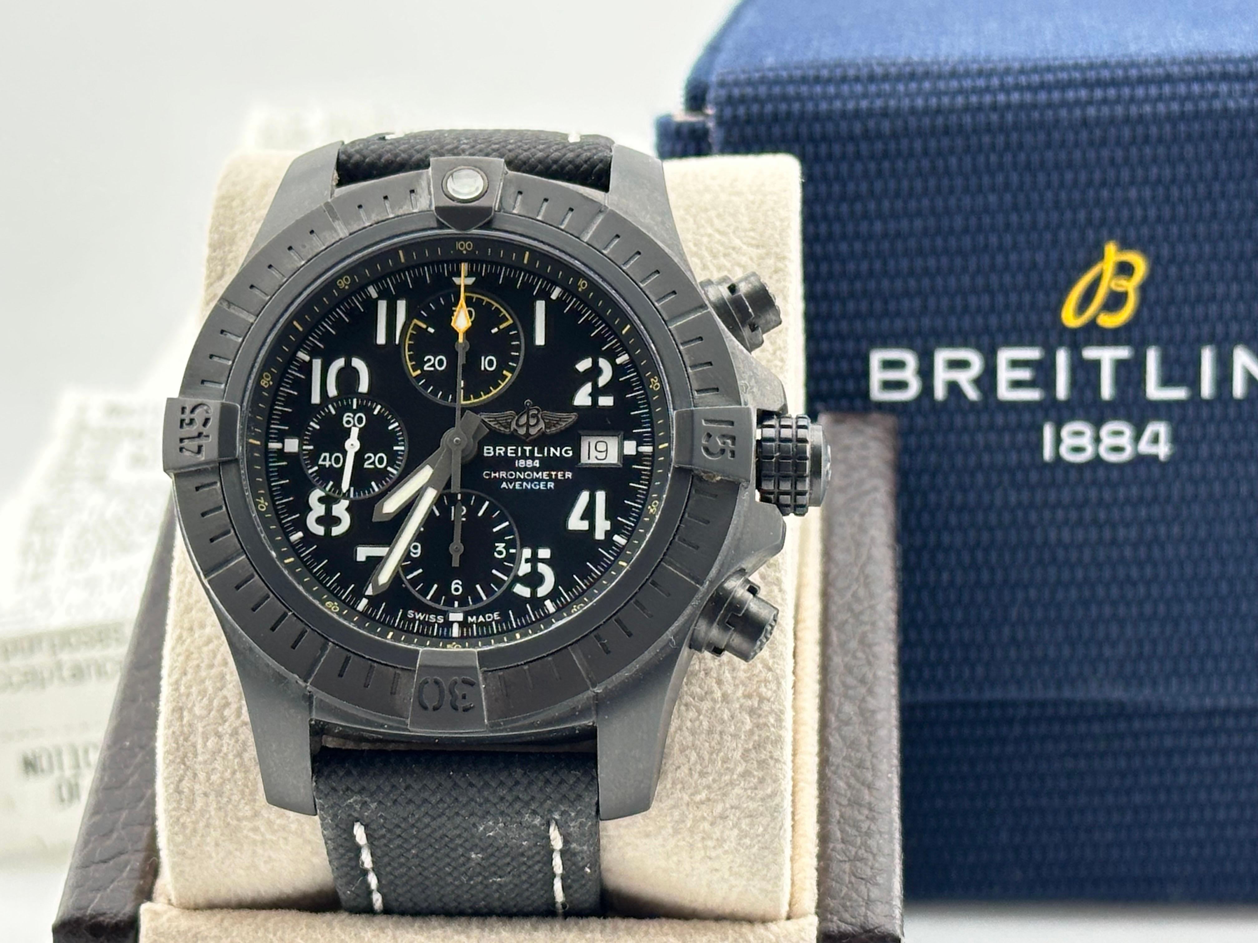 Breitling Avenger Chronograph V13317 45 Night Mission Black Titanium Box Receipt In Excellent Condition In San Diego, CA