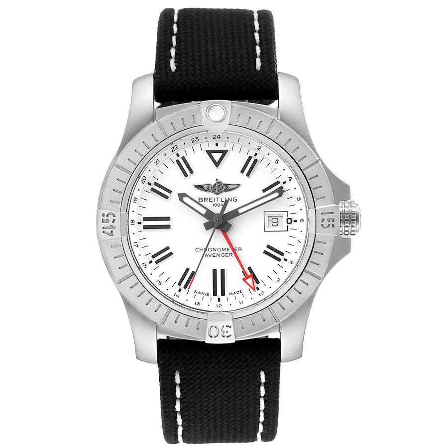 Breitling Avenger GMT White Dial Steel Mens Watch A32397 Box Card. Self-winding automatic officially certified chronometer movement. Stainless steel case 43.0 mm in diameter with screwed-down crown. Stainless steel unidirectional rotating bezel.