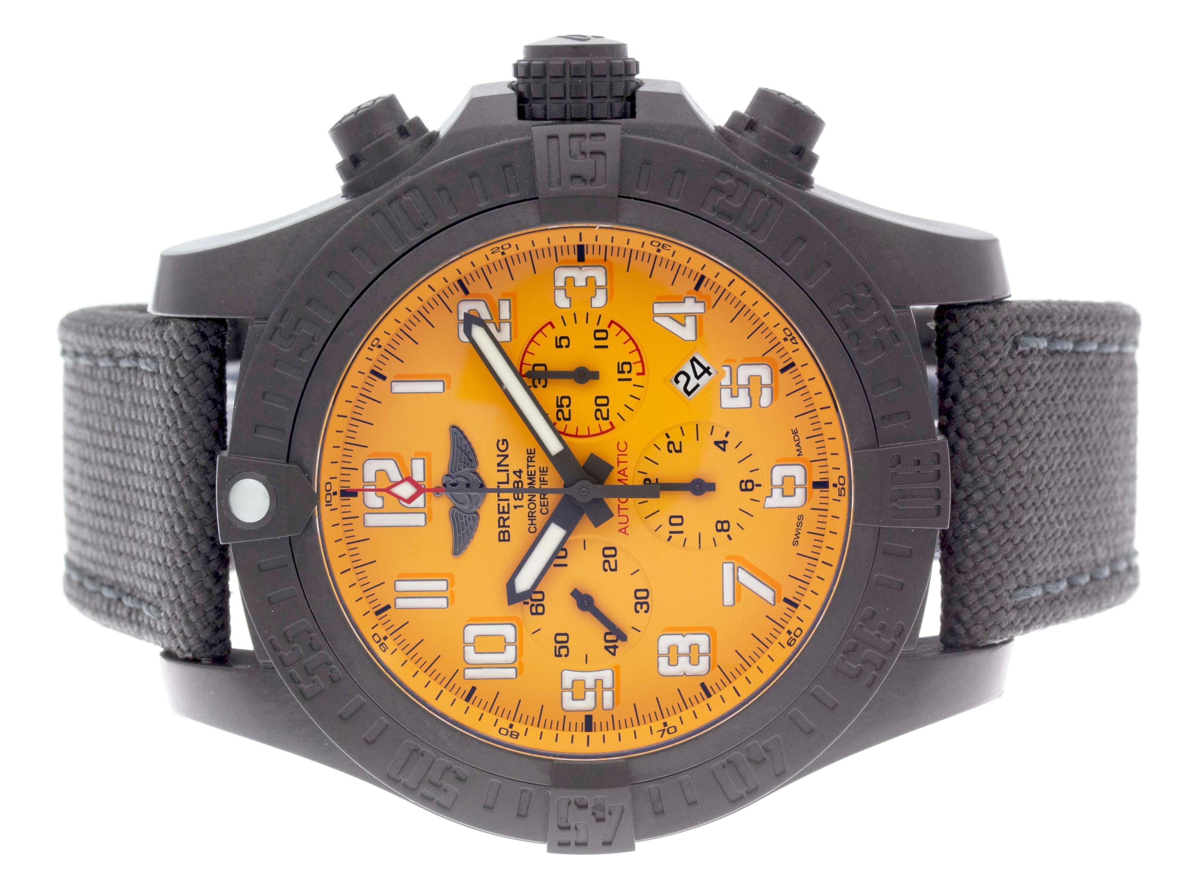 Ultralight Polymer Breitling Avenger Hurricane watch with a 50mm case, yellow dial, and military strap with tang buckle. Features include hours, minutes, seconds, date, and chronograph. Water Resistant up to 100M / 330FT. Comes with a Deluxe Gift