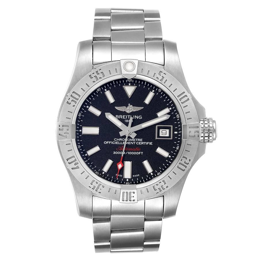 Breitling Avenger II 45 Seawolf Steel Mens Watch A17331 Box Card. Automatic self-winding movement. Stainless steel case 45 mm in diameter with screwed-down crown and pushers. Stainless steel unidirectional rotating bezel. 0-60 elapsed-time. Four 15