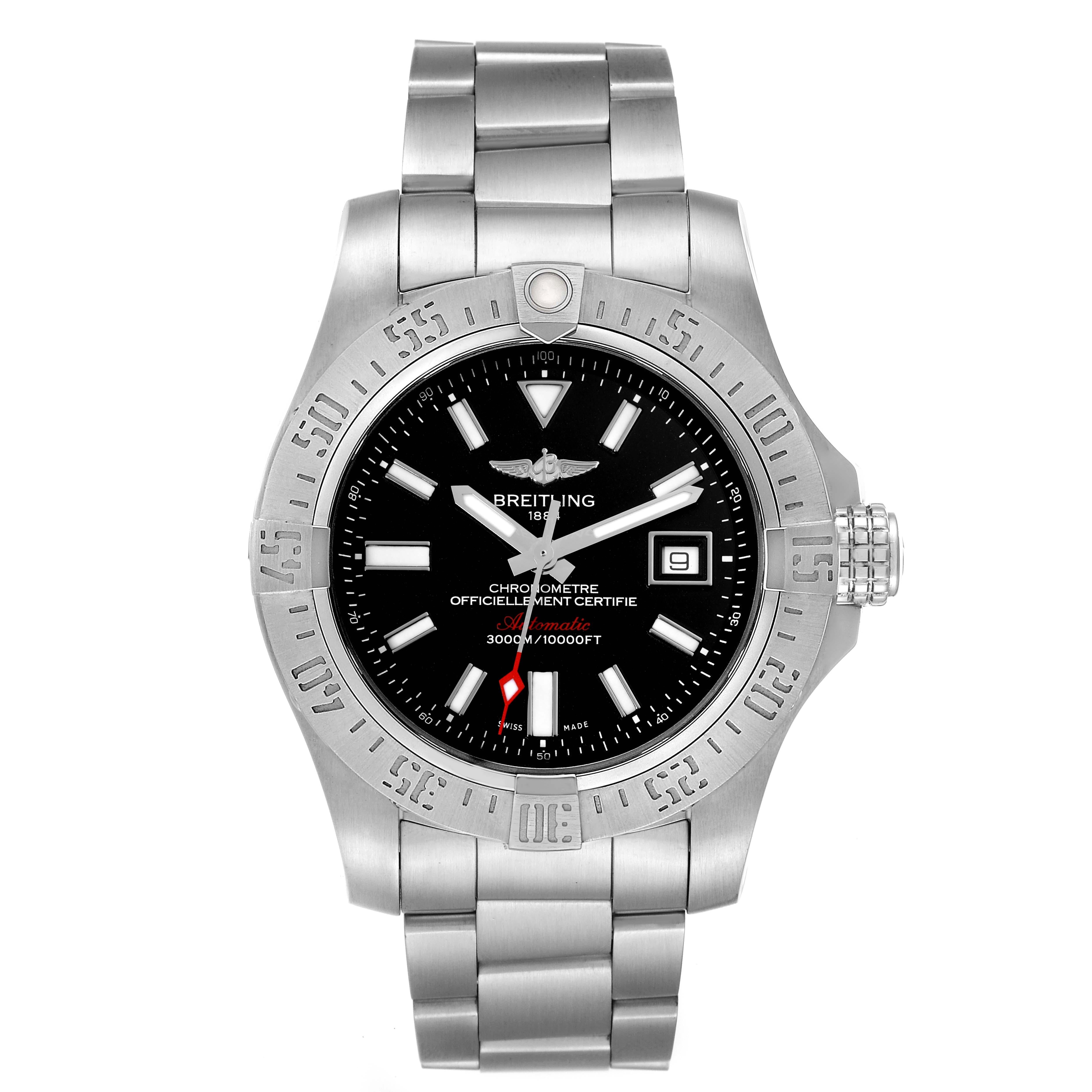 Breitling Avenger II 45 Seawolf Steel Mens Watch A17331 Box Card. Automatic self-winding movement. Stainless steel case 45 mm in diameter with screwed-down crown and pushers. Stainless steel unidirectional rotating bezel. 0-60 elapsed-time. Four 15