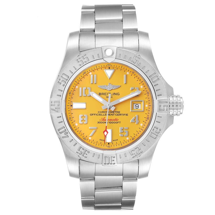 Breitling Avenger II 45 Seawolf Yellow Dial Steel Mens Watch A17331. Authomatic self-winding movement. Stainless steel case 45 mm in diameter with screwed-down crown and pushers. Stainless steel unidirectional rotating bezel. 0-60 elapsed-time. Four