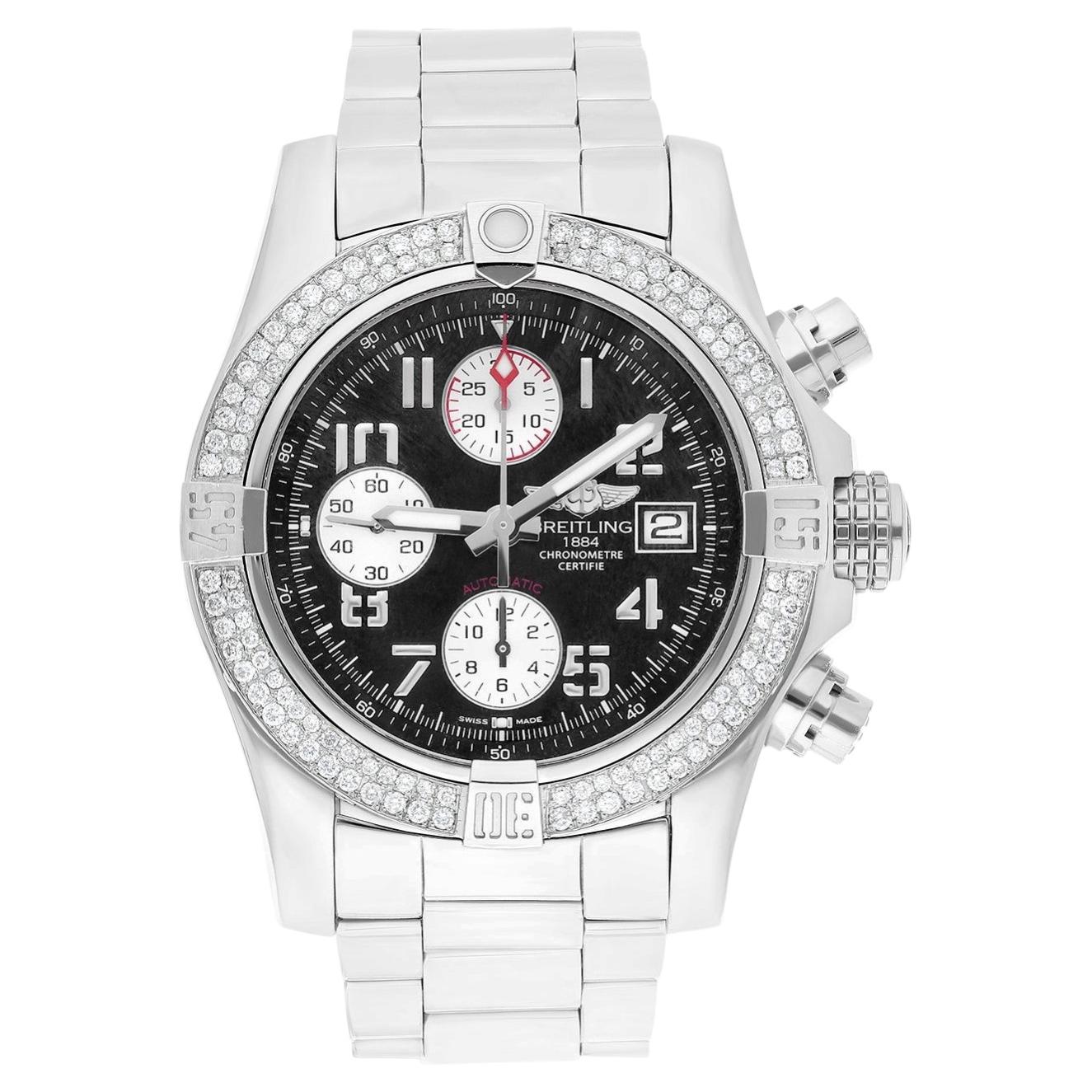 Breitling Avenger II Black Dial Custom Diamond Bezel Men's 43 mm Watch A13381