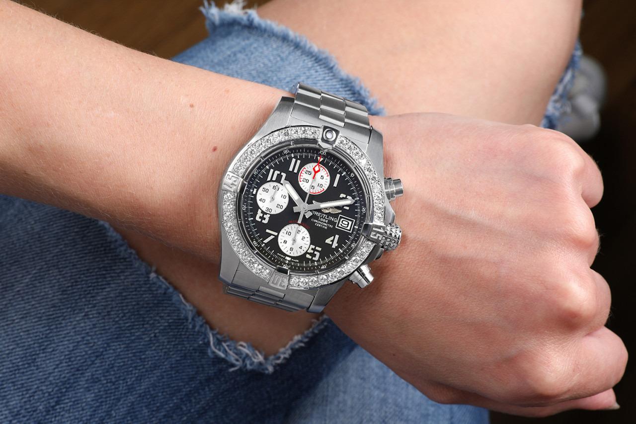 Breitling Avenger II Black Dial Custom Diamond Bezel Mens 43mm Watch A13381.
