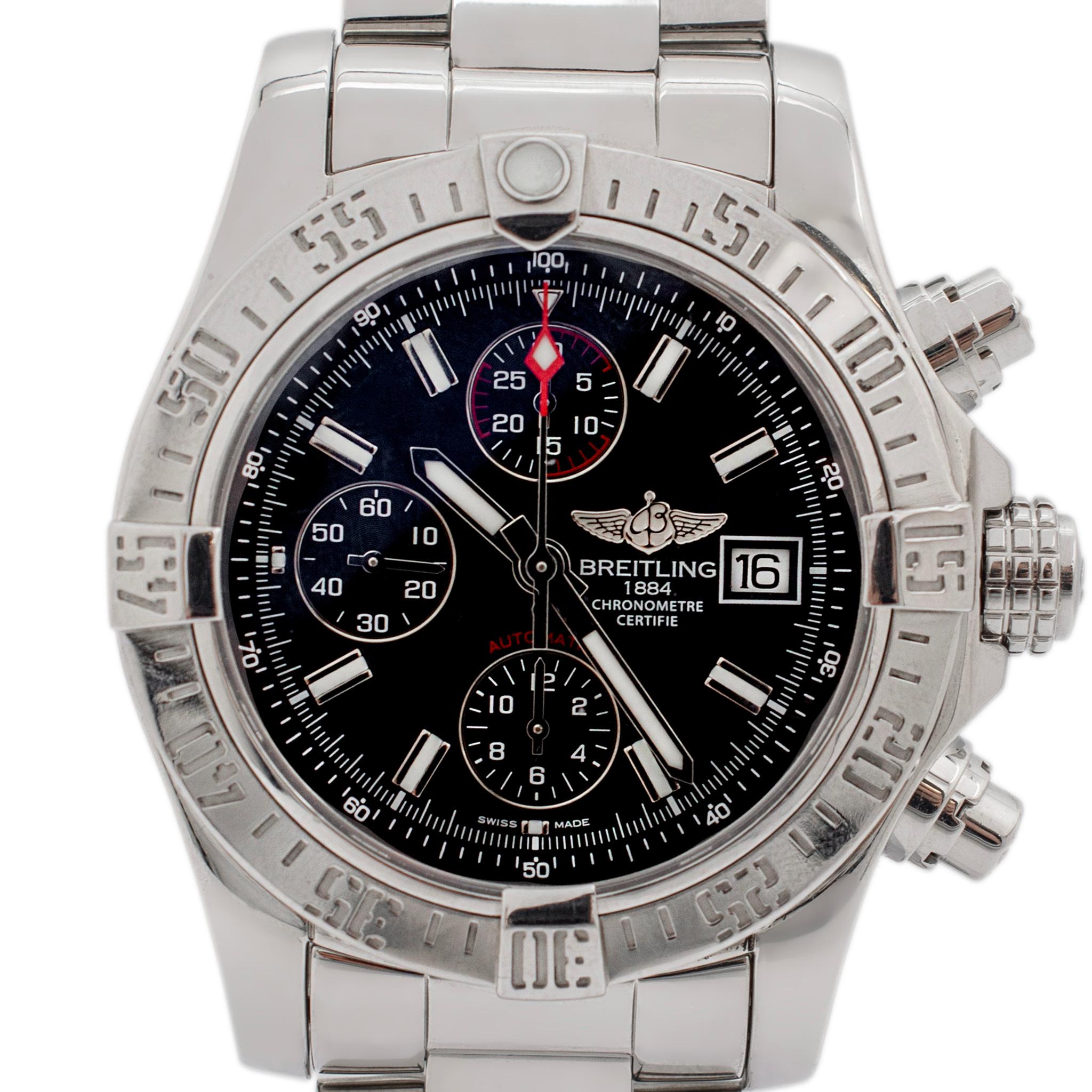 Brand: Breitling

Gender: Men

Metal Type: Stainless Steel

Diameter: 43.00 mm

Weight:  215.68 grams

BREITLING Swiss-made watch with original box and papers. The 