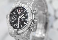 Breitling Avenger II Chronograph Black Dial Fully Iced Out Stainless Steel Watch
