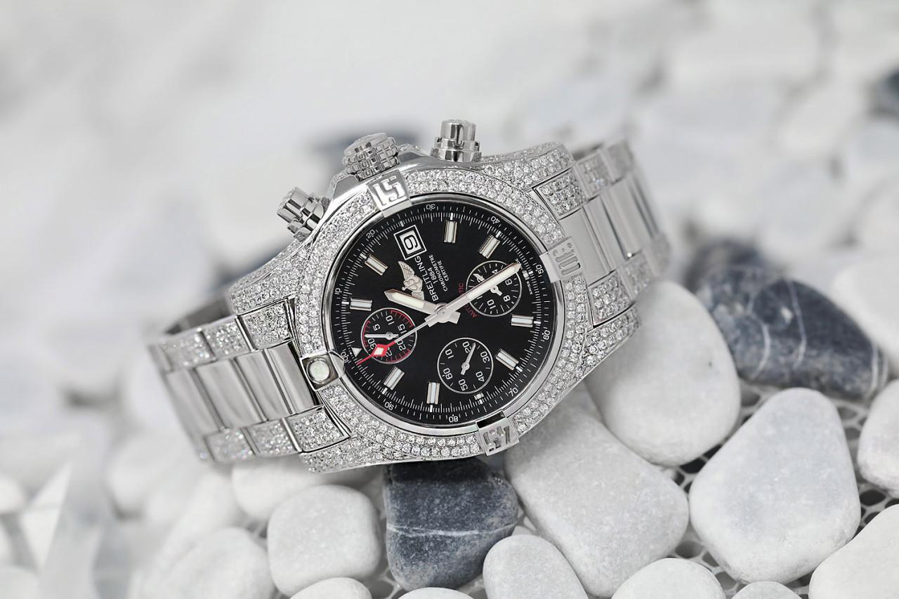 Round Cut Breitling Avenger II Chronograph Black Dial Fully Iced Out Stainless Steel Watch For Sale