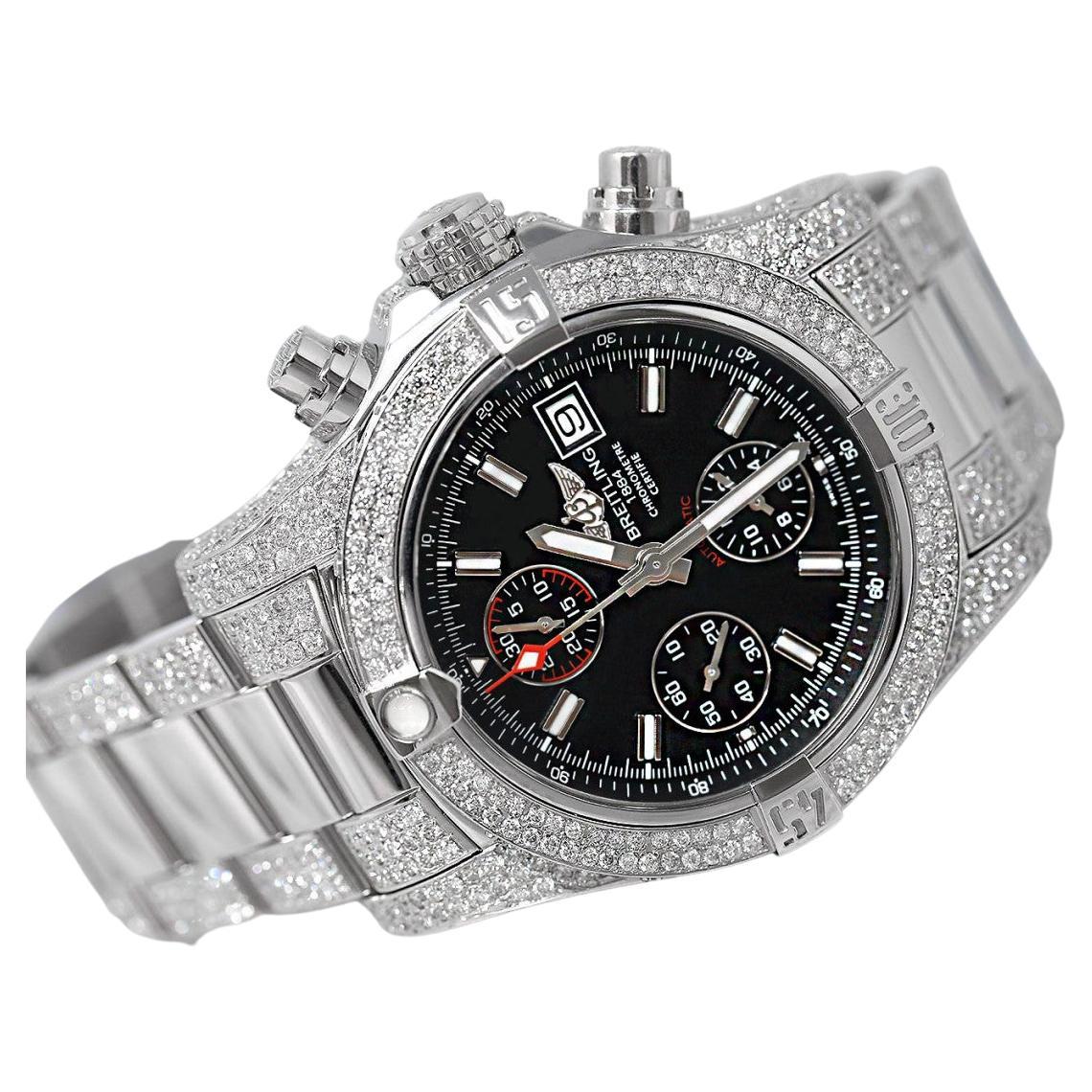 Breitling Avenger II Chronograph Black Dial Fully Iced Out Stainless Steel Watch For Sale