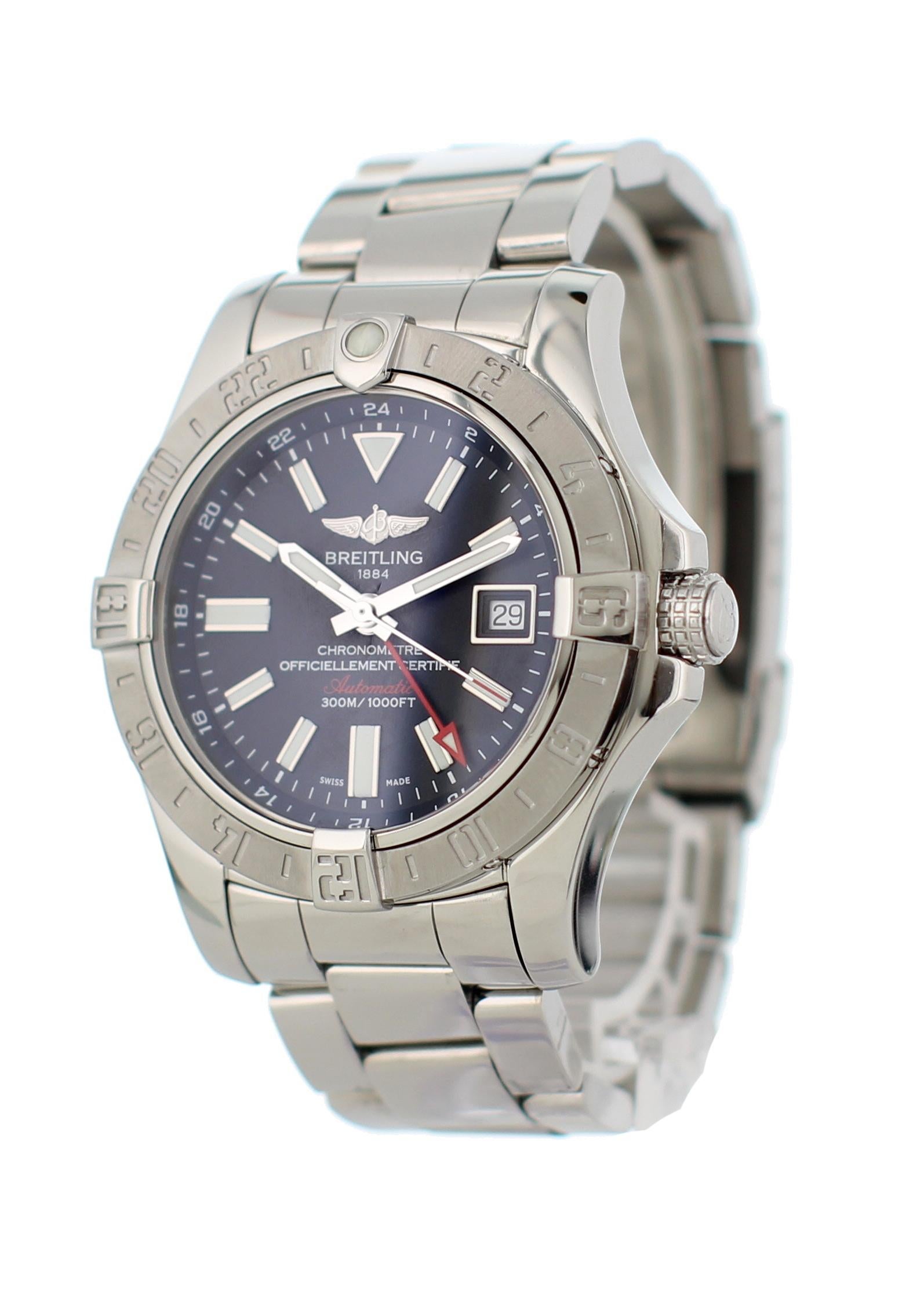 Breitling Avenger II GMT A32390 Mens Watch. 44 mm Stainless steel case. Stainless steel bidirectional GMT bezel. Black dial with luminous silver-tone hands and index hour markers. Minute markers around the outer rim. Date display at 3 o'clock.