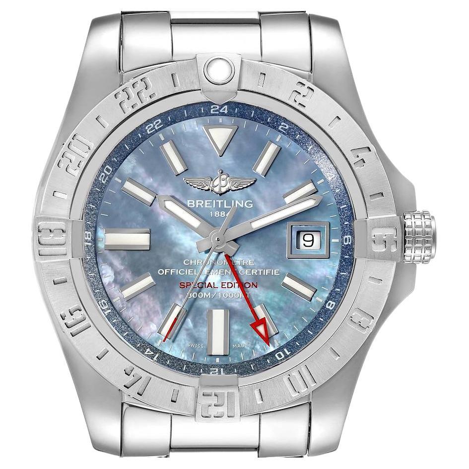 Breitling Avenger II GMT Blue Mother of Pearl Dial Mens Watch A32390 Box Papers