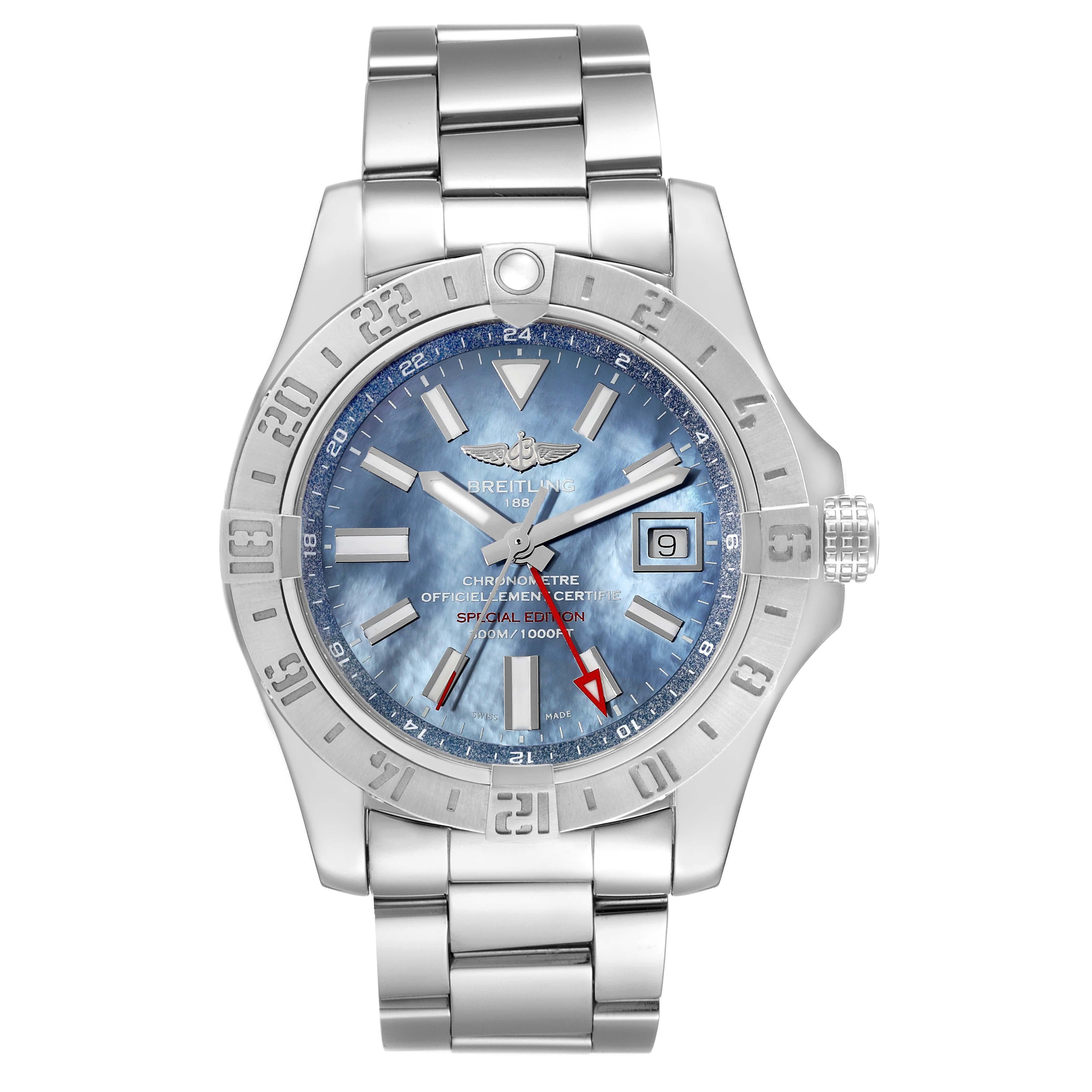 Breitling Avenger II GMT Blue Mother Of Pearl Dial Steel Mens Watch A32390 Box Card. Automatic self-winding movement with GMT function. Stainless steel case 43 mm in diameter with screw-down crown. Stainless steel bidirectional rotating bezel with