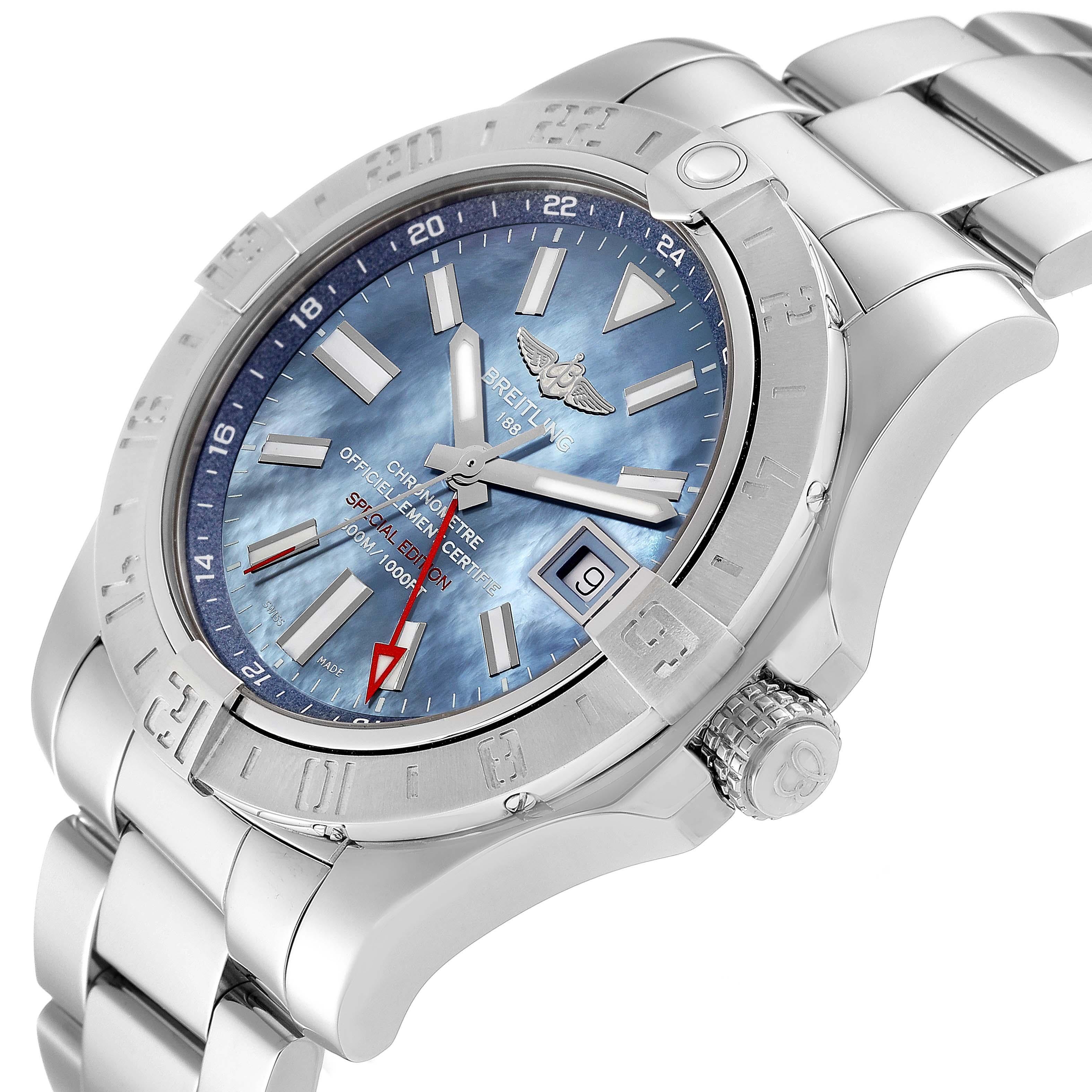 Men's Breitling Avenger II GMT Blue Mother Of Pearl Dial Steel Mens Watch A32390  For Sale