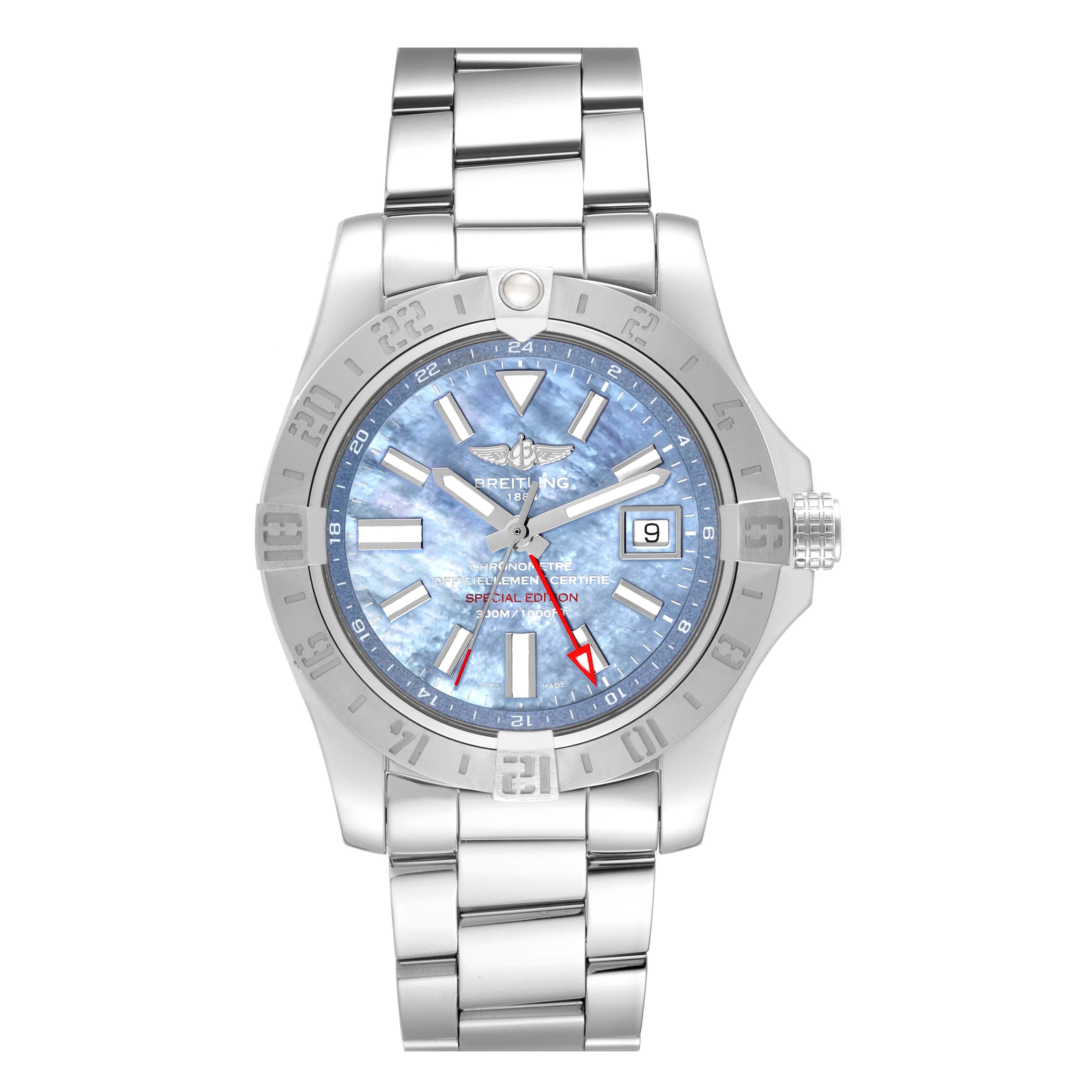 Breitling Avenger II GMT Blue Mother of Pearl Dial Steel Mens Watch A32390 Box Card. Automatic self-winding movement with GMT function. Stainless steel case 43 mm in diameter with screw-down crown. Stainless steel bidirectional rotating bezel with
