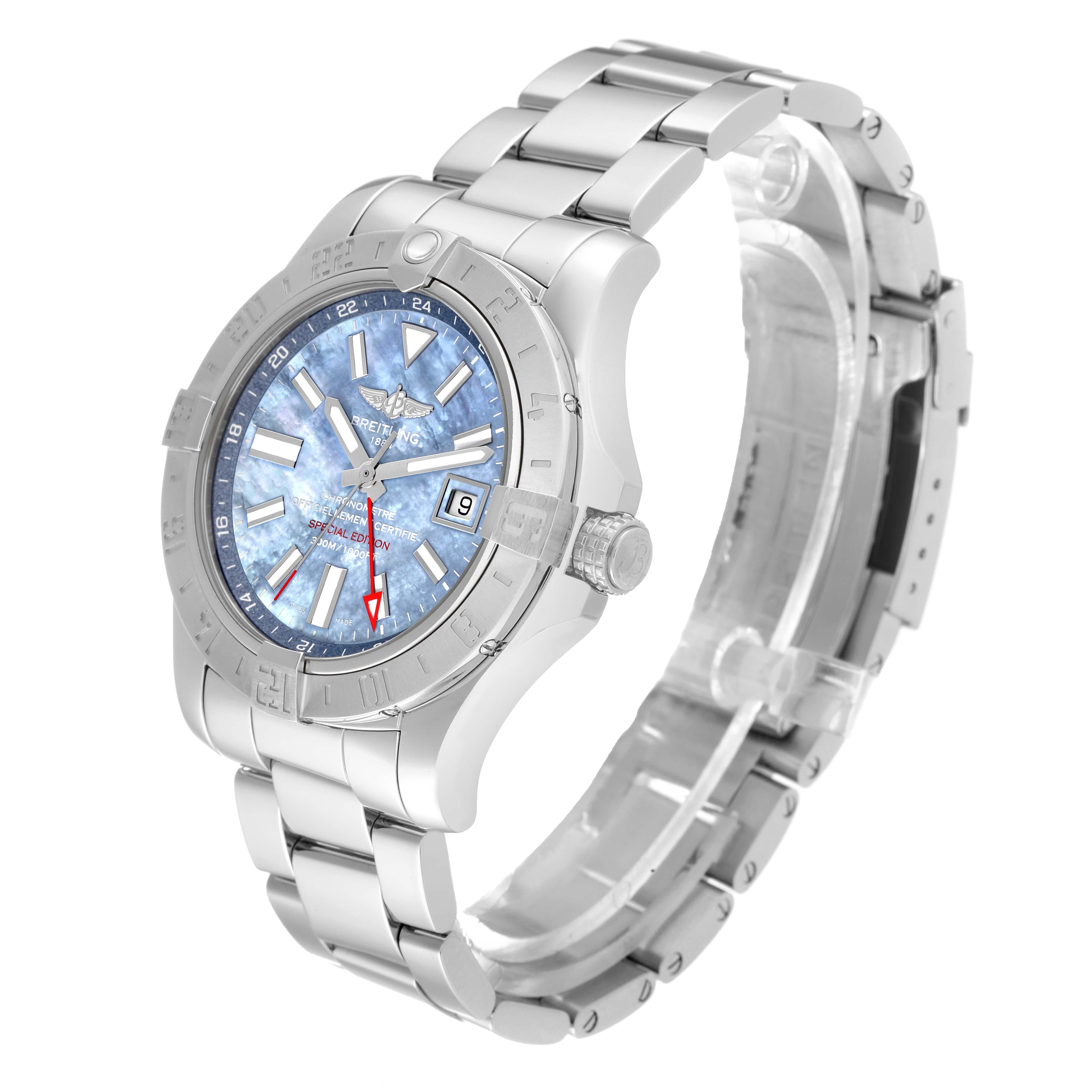 Men's Breitling Avenger II GMT Blue Mother of Pearl Dial Steel Watch A32390 Box Card For Sale