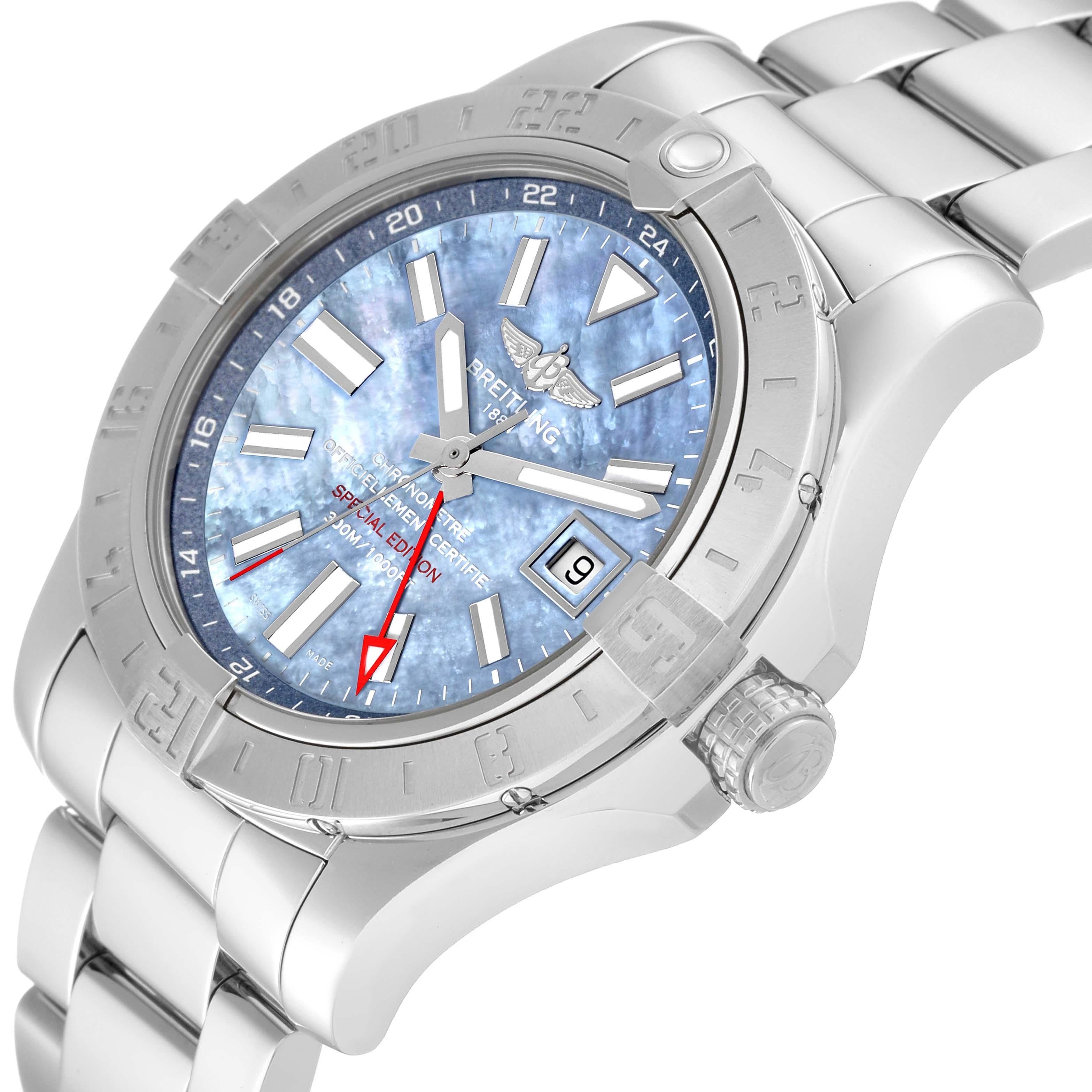 Breitling Avenger II GMT Blue Mother of Pearl Dial Steel Watch A32390 Box Card For Sale 1