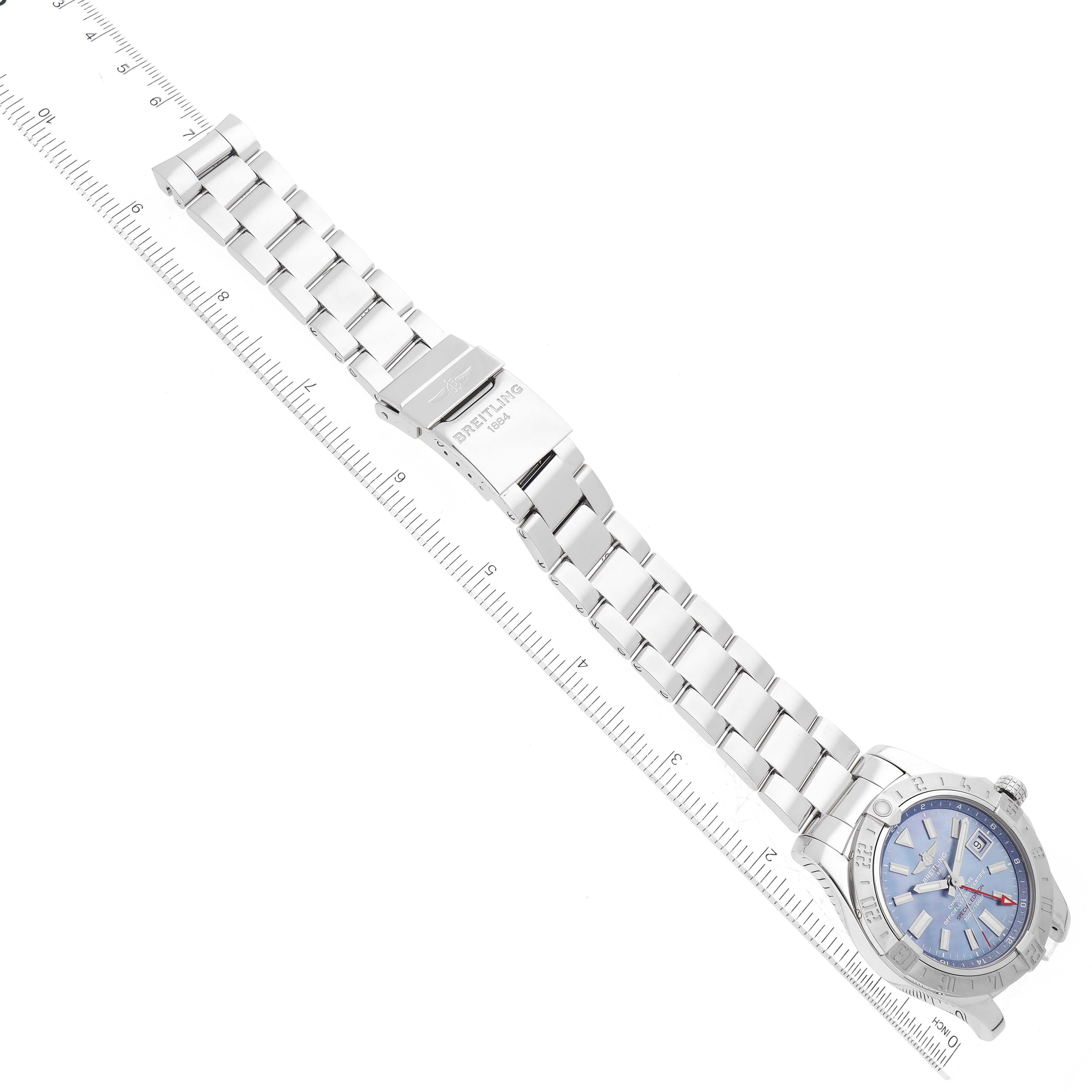 Breitling Avenger II GMT Blue Mother of Pearl Dial Steel Watch A32390 Box Card For Sale 5