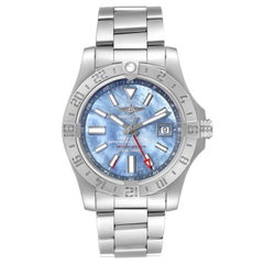 Breitling Avenger II GMT Blue Mother of Pearl Dial Steel Watch A32390 Box Card