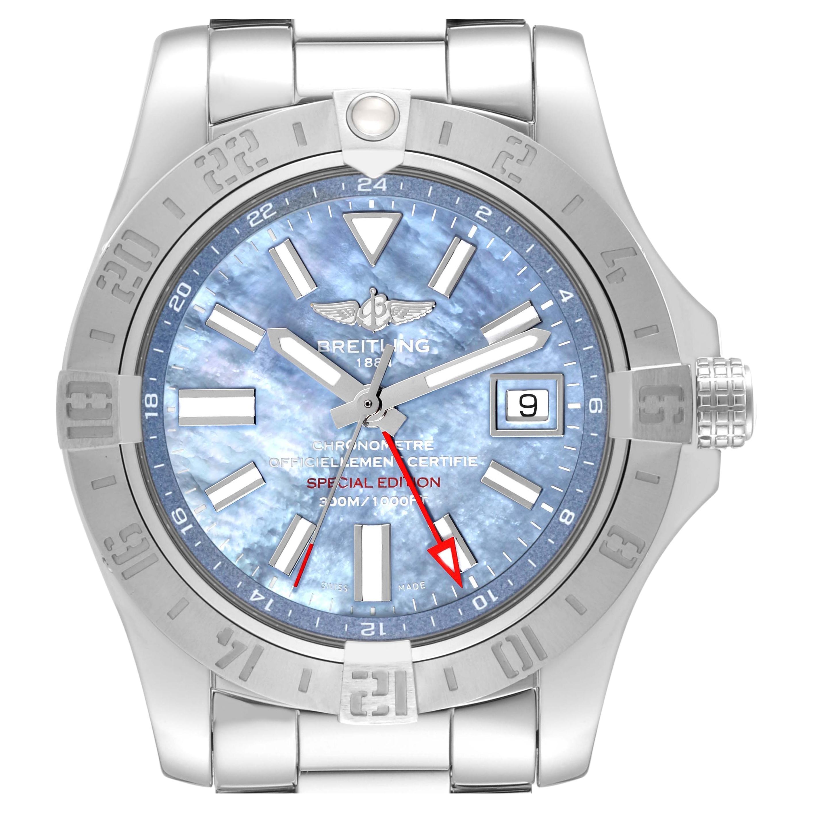 Breitling Avenger II GMT Blue Mother of Pearl Dial Steel Watch A32390 Box Card For Sale
