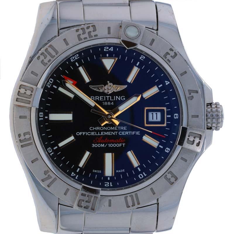 Marke: Breitling
Modell: Avenger II GMT
Modellnummer: A3239011
Uhrwerk: Automatik
Garantie: Ein Jahr
Jahr: 2017
Uhrwerk-Hersteller: Schweiz
Zifferblattfarbe: Schwarz

Metallgehalt: Rostfreier Stahl

Verschluss-Typ: Fold-Over-Verschluss
Merkmale:
