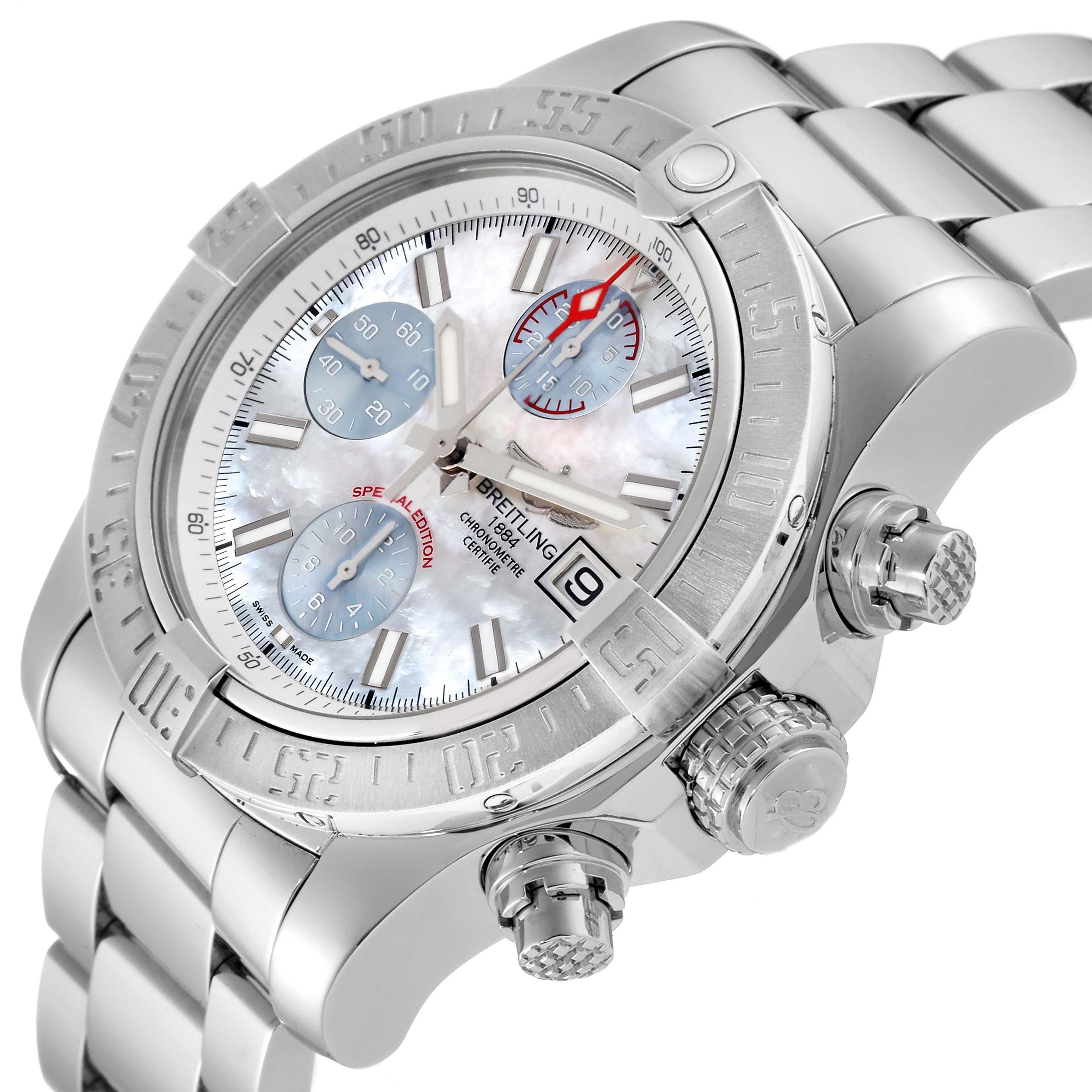 Breitling Avenger II Mother of Pearl Special Edition Steel Mens Watch A13381 Box Card. Automatic self-winding movement. Chronograph function. Stainless steel case 43 mm in diameter with screwed-down crown. Stainless steel unidirectional rotating