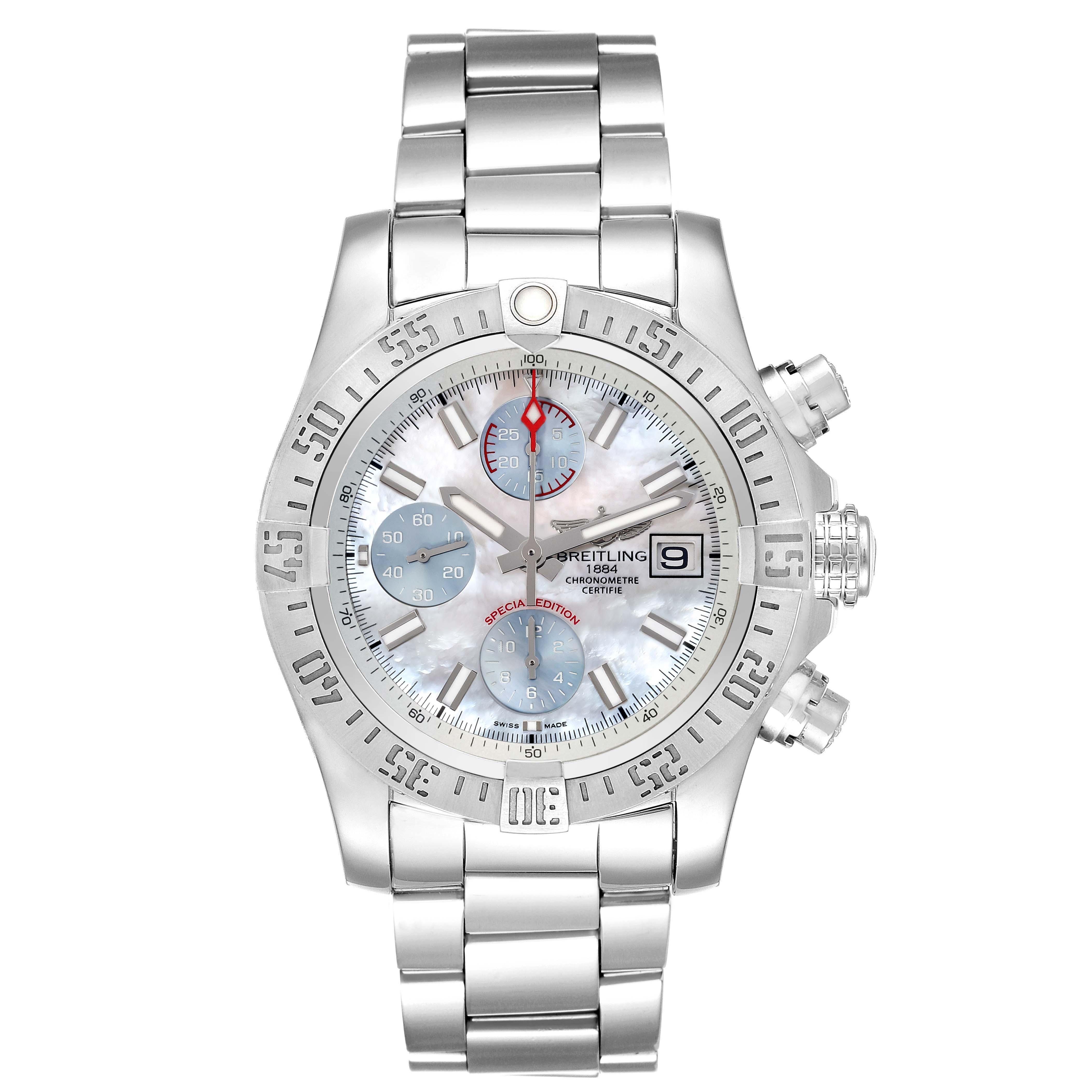 Breitling Avenger II Mother of Pearl Special Edition Steel Mens Watch A13381 In Excellent Condition In Atlanta, GA
