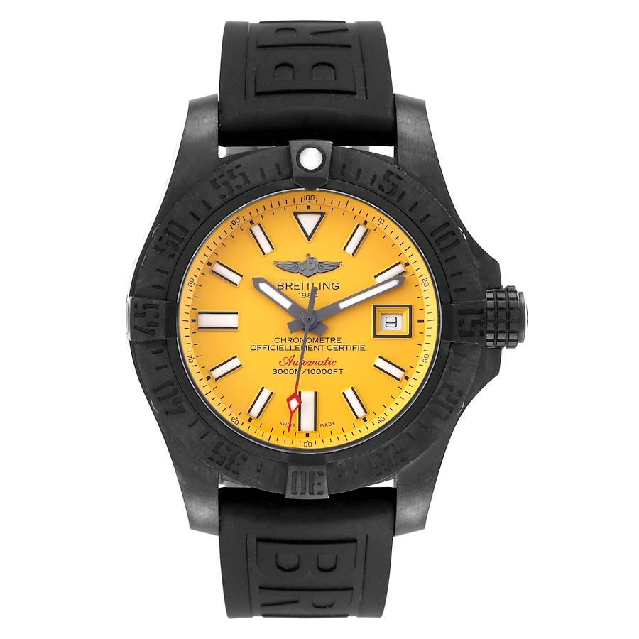 Breitling Avenger II Seawolf Cobra Yellow Limited Edition Blacksteel Watch M17331 Box Card. Authomatic self-winding movement. Black steel case 45 mm in diameter with screwed-down crown and pushers. Black steel unidirectional rotating bezel. 0-60