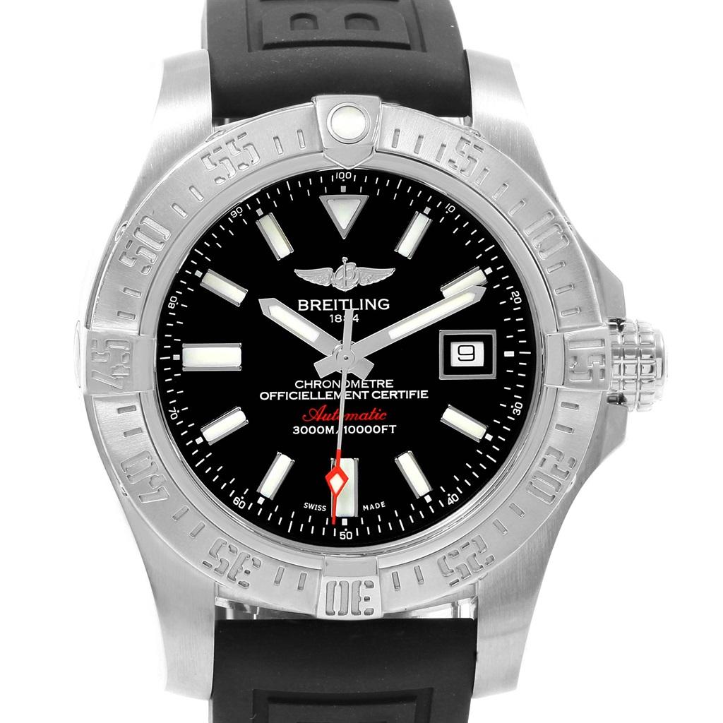 Breitling Avenger II Seawolf Rubber Strap Watch A17331 Mens Papers. Automatic self-winding movement. Stainless steel case 45 mm in diameter with screwed-down crown and pushers. Stainless steel unidirectional rotating bezel. 0-60 elapsed-time. Four