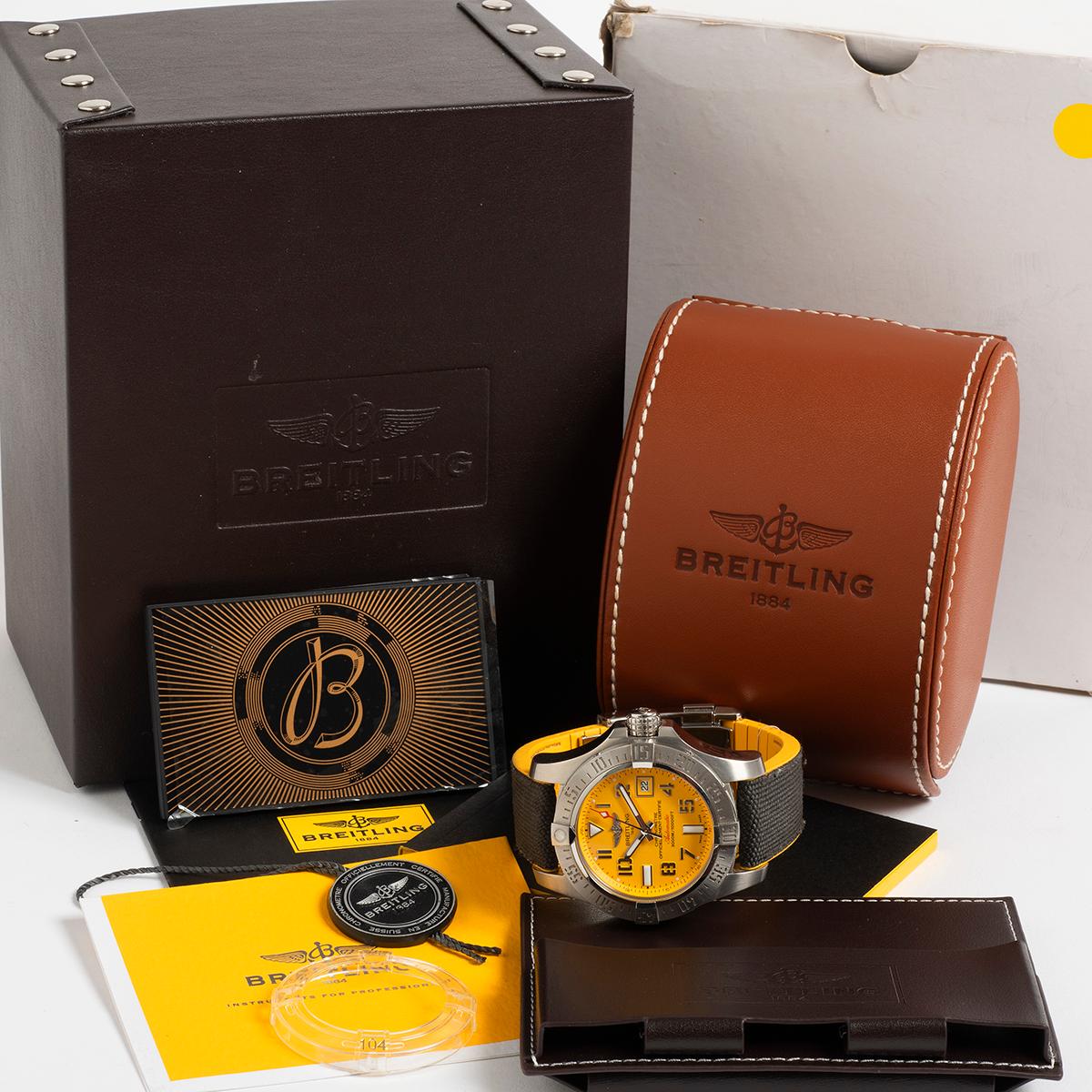 Our automatic Breitling Avenger II Seawolf with date, reference A1733110, with stainless steel 45mm case features the more desirable cobra yellow arabic/ baton dial and black leather strap. A complete set, presented in outstanding condition with