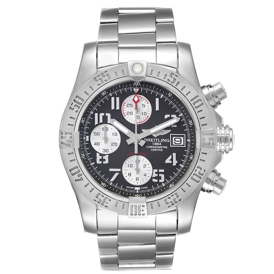 Breitling Avenger II Tungsten Gray Dial Steel Mens Watch A13381 Box Card. Automatic self-winding movement. Chronograph function. Stainless steel case 43 mm in diameter. Screw-down crown with Breitling logo. Stainless steel unidirectional rotating