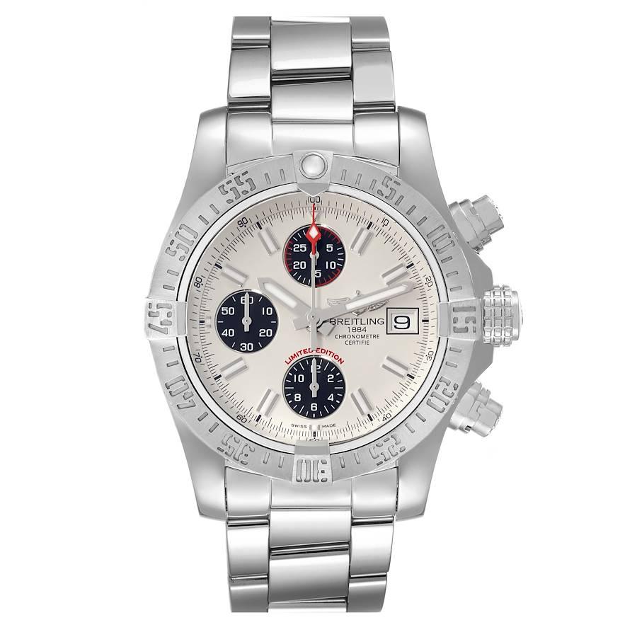 Breitling Avenger II White Dial Steel Mens Watch A13381 Box Card. Automatic self-winding movement. Chronograph function. Stainless steel case 43 mm in diameter with screwed-down crown and pushers. Stainless steel  unidirectional rotating bezel. 0-60