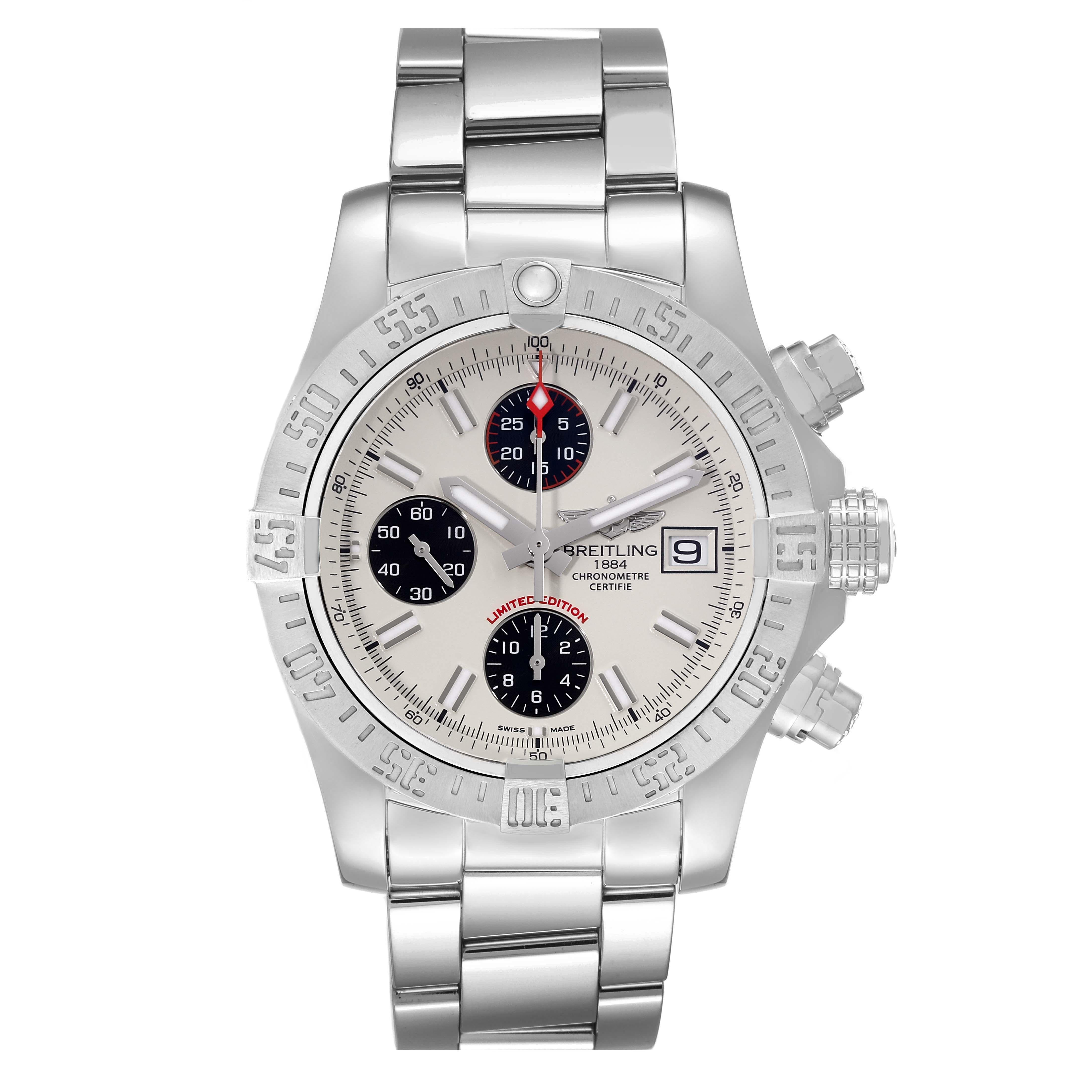 Breitling Avenger II White Dial Steel Mens Watch A13381 Box Card In Excellent Condition For Sale In Atlanta, GA