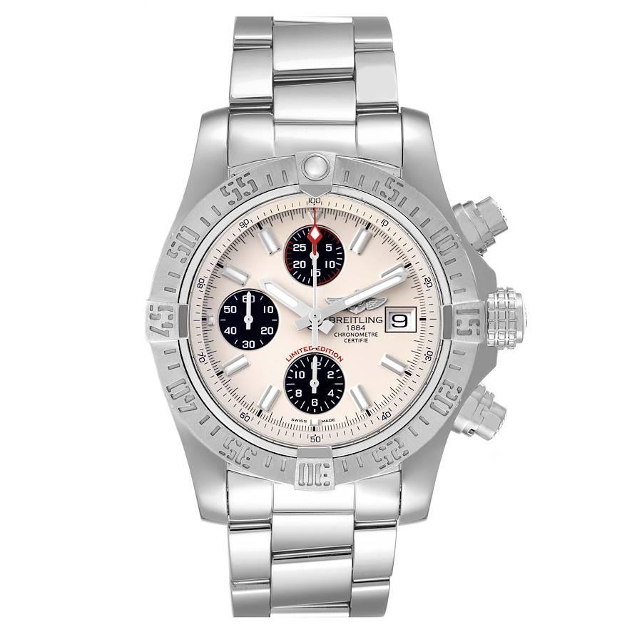 Breitling Avenger II White Dial Steel Mens Watch A13381. Automatic self-winding movement. Chronograph function. Stainless steel case 43 mm in diameter with screwed-down crown and pushers. Stainless steel  unidirectional rotating bezel. 0-60