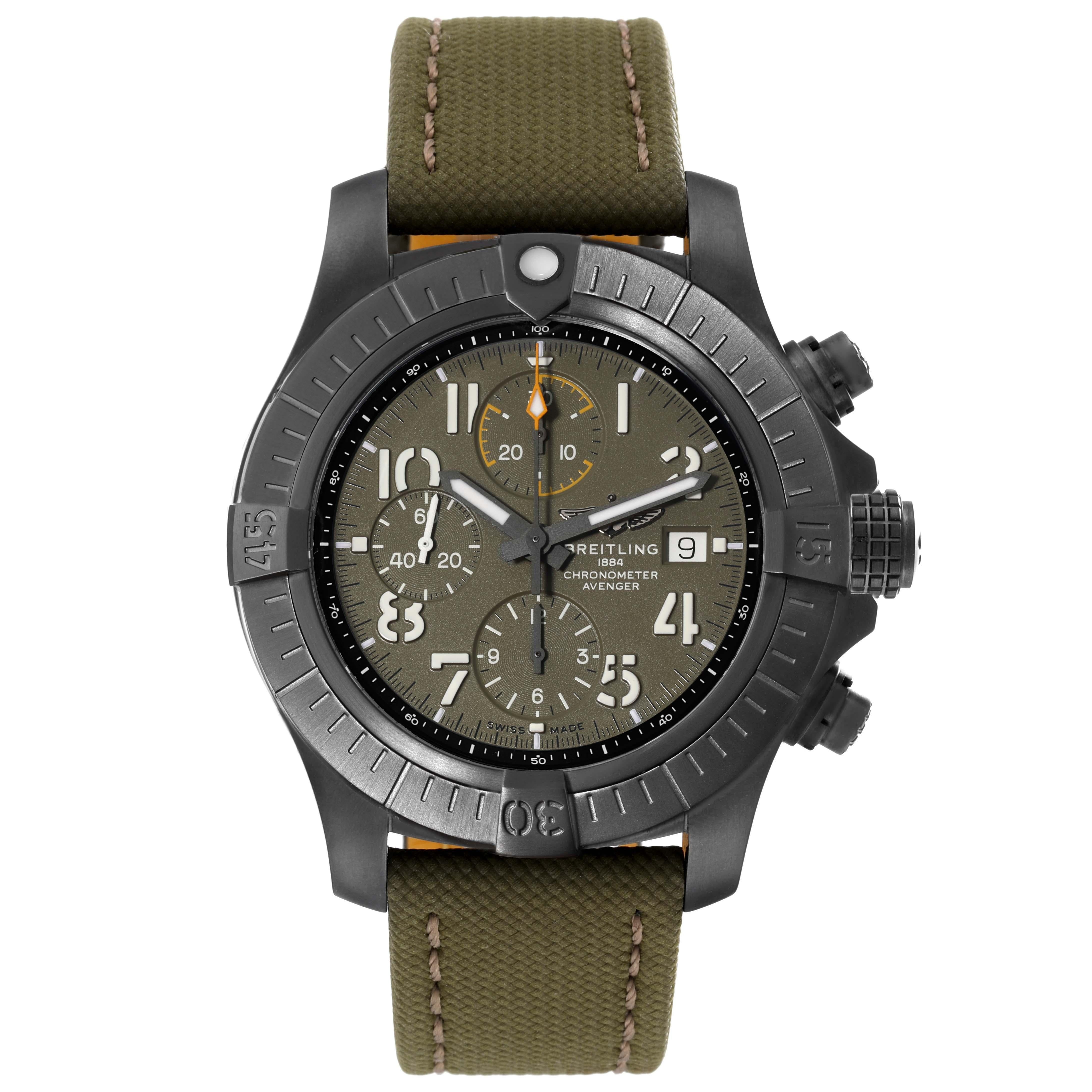Breitling Avenger Night Mission DLC Coated Titanium Mens Watch V13317 Box Card. Automatic self-winding chronograph movement. DLC-Coated Titanium case 45 mm in diameter with screwed-locked crown and pushers. DLC-Coated Titanium unidirectional