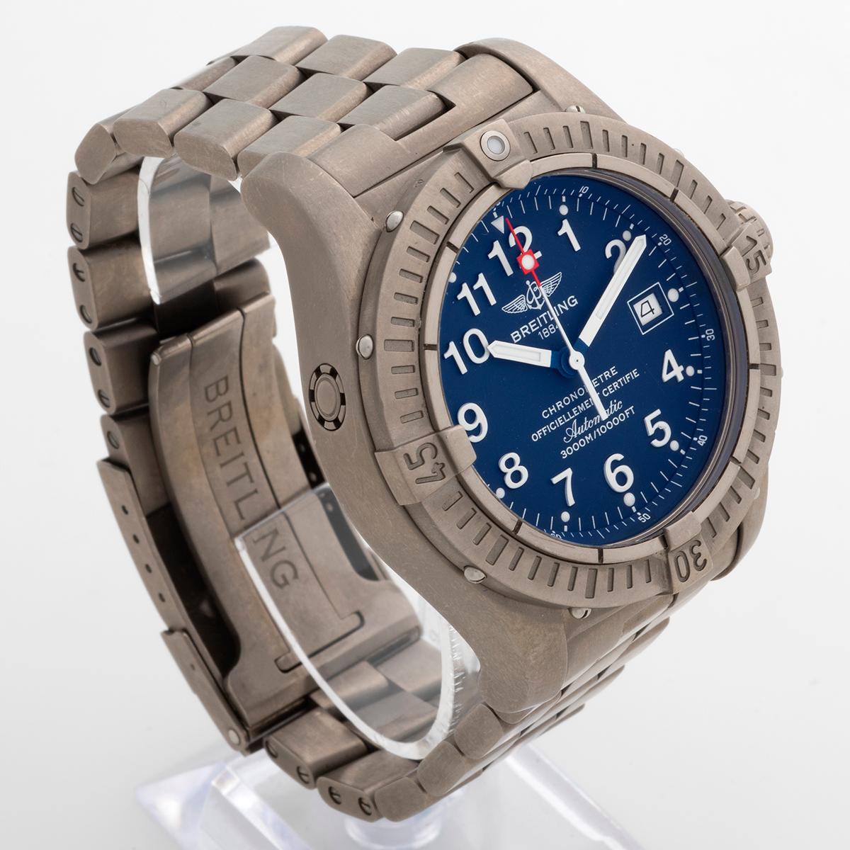 Our Breitling Avenger Seawolf automatic, chronometer, ref E17370 / E1737018 , features a 42mm titanium case and titanium bracelet and desirable blue dial. Presented in outstanding condition with only light signs of use overall, included is its inner
