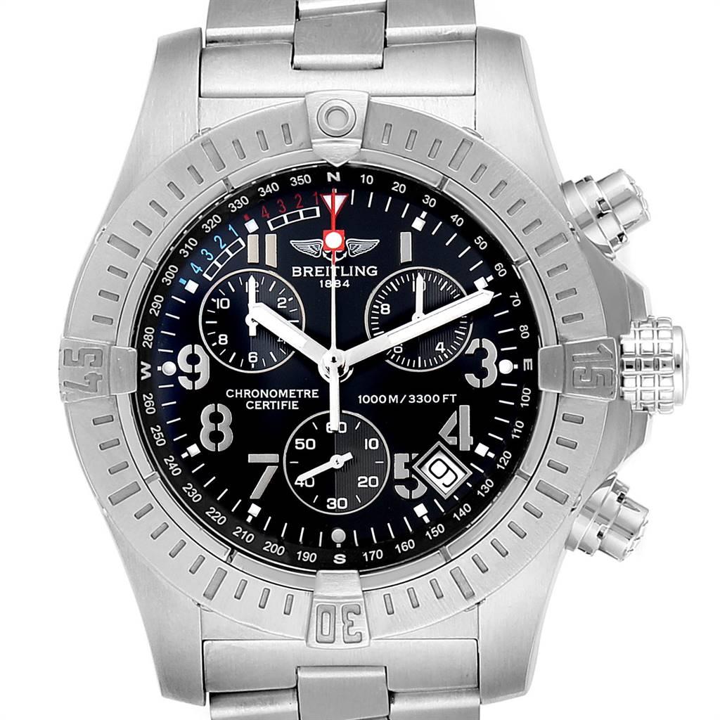 Breitling Avenger Seawolf Black Dial Steel Mens Watch A73390 Box Papers. Quartz movement. Chronograph function. Stainless steel case 45.4 mm in diameter with screwed-down crown and pushers. Stainless steel unidirectional rotating bezel. 0-60