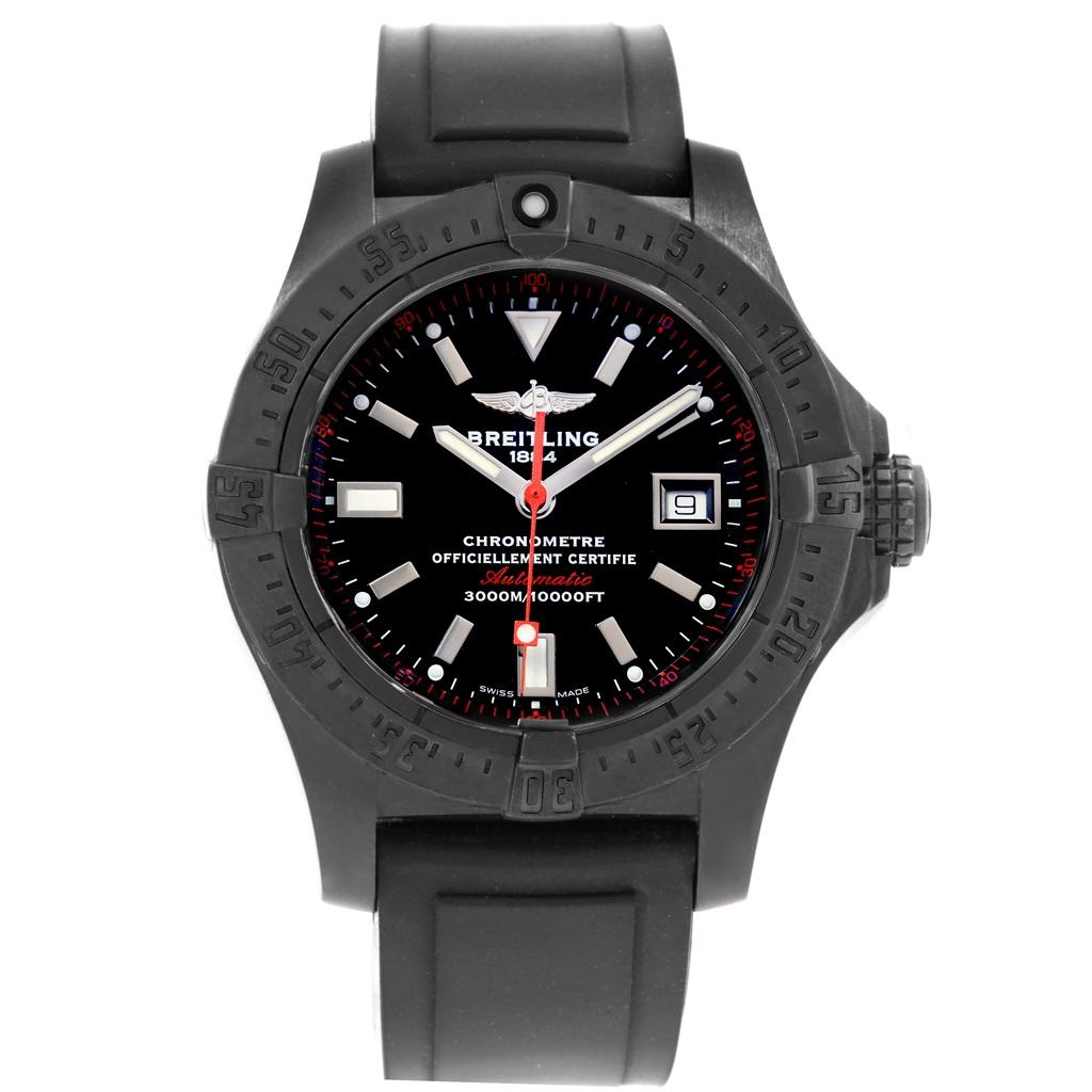 Breitling Avenger Seawolf Code Red Blacksteel LE Watch M17330 Box Papers. Authomatic self-winding movement. PVD coated stainless steel case 45.0 mm in diameter. Black PVD coated steel unidirectional revolving bezel. 0-60 elapsed-time. Scratch