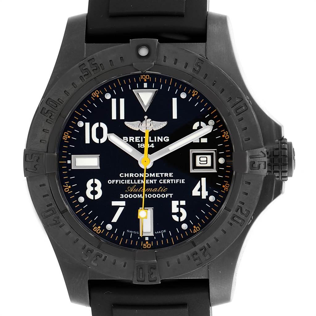 Breitling Avenger Seawolf Code Yellow Blacksteel LE Watch M17330 Box Papers. Authomatic self-winding movement. PVD coated stainless steel case 45.0 mm in diameter. Black PVD coated steel unidirectional revolving bezel. 0-60 elapsed-time. Scratch