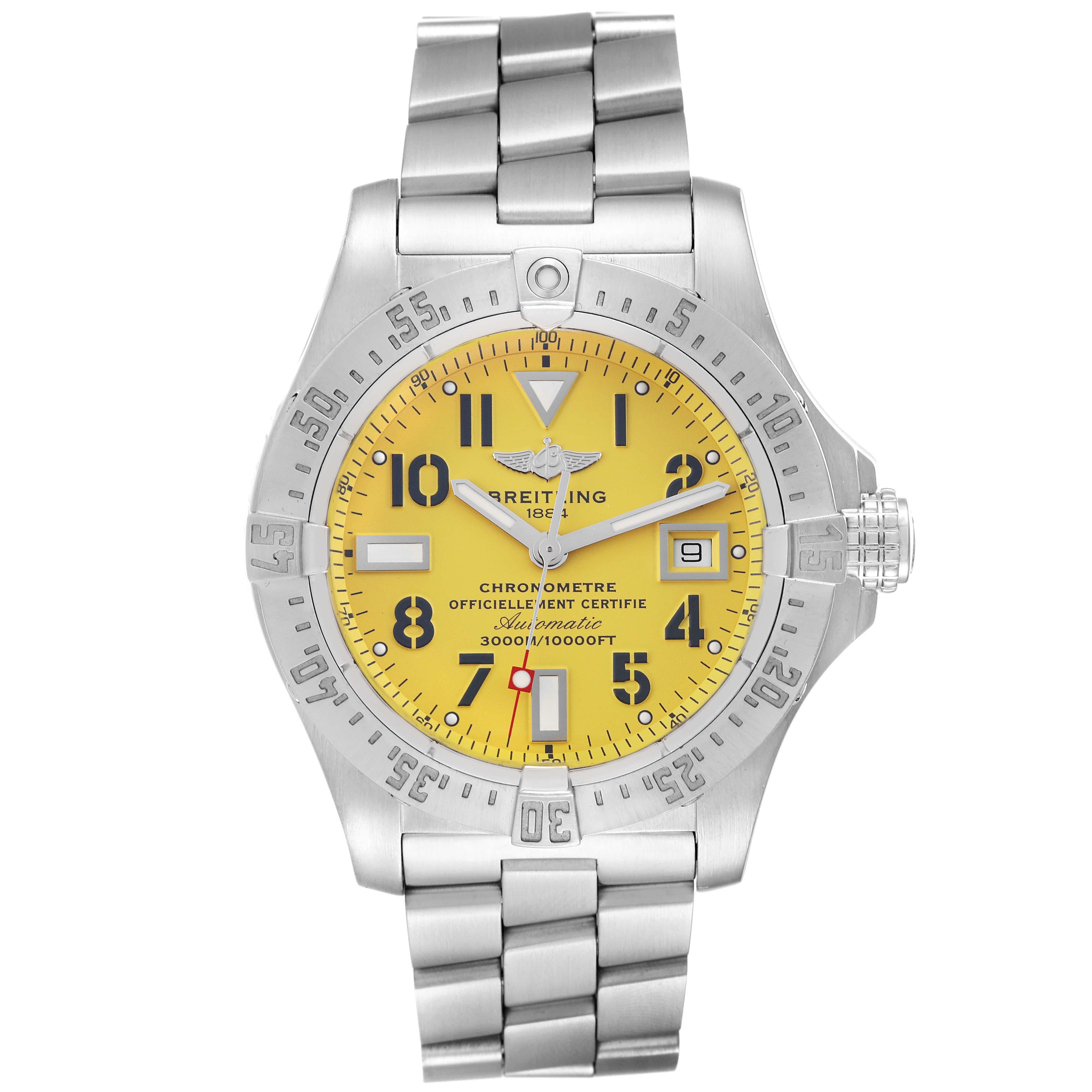 Breitling Avenger Seawolf Yellow Dial Steel Mens Watch A17330 Box Papers. Automatic self-winding movement. Stainless steel case 45.4 mm in diameter with screwed-down crown and pushers. Stainless steel unidirectional rotating bezel. 0-60