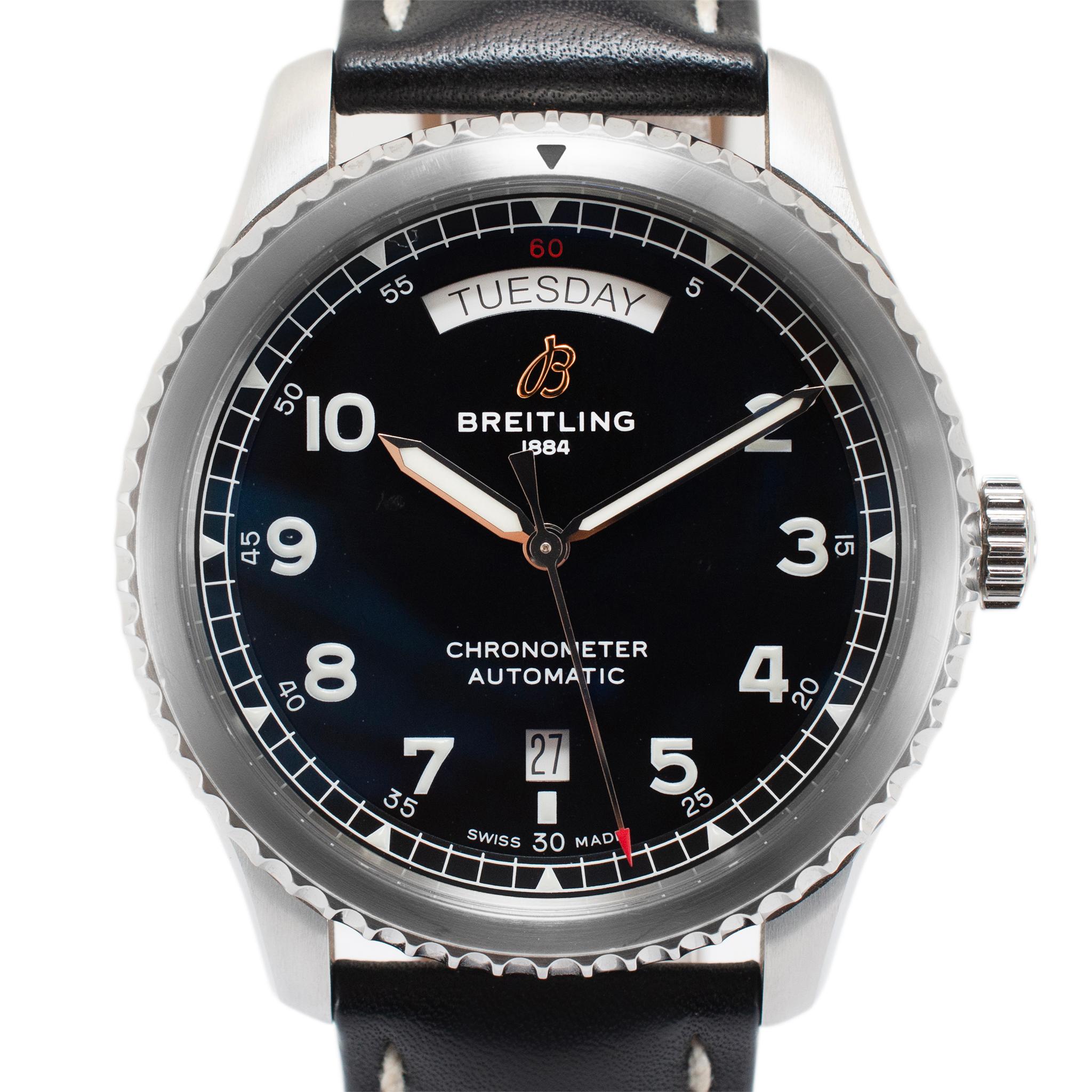 Brand: Breitling 

Gender: Men

Metal Type: Stainless Steel

Diameter: 41.00 mm

Weight: 86.38 grams

One men's stainless steel BREITLING Swiss-made watch with original box and papers. The metal was tested and determined to be stainless steel. The