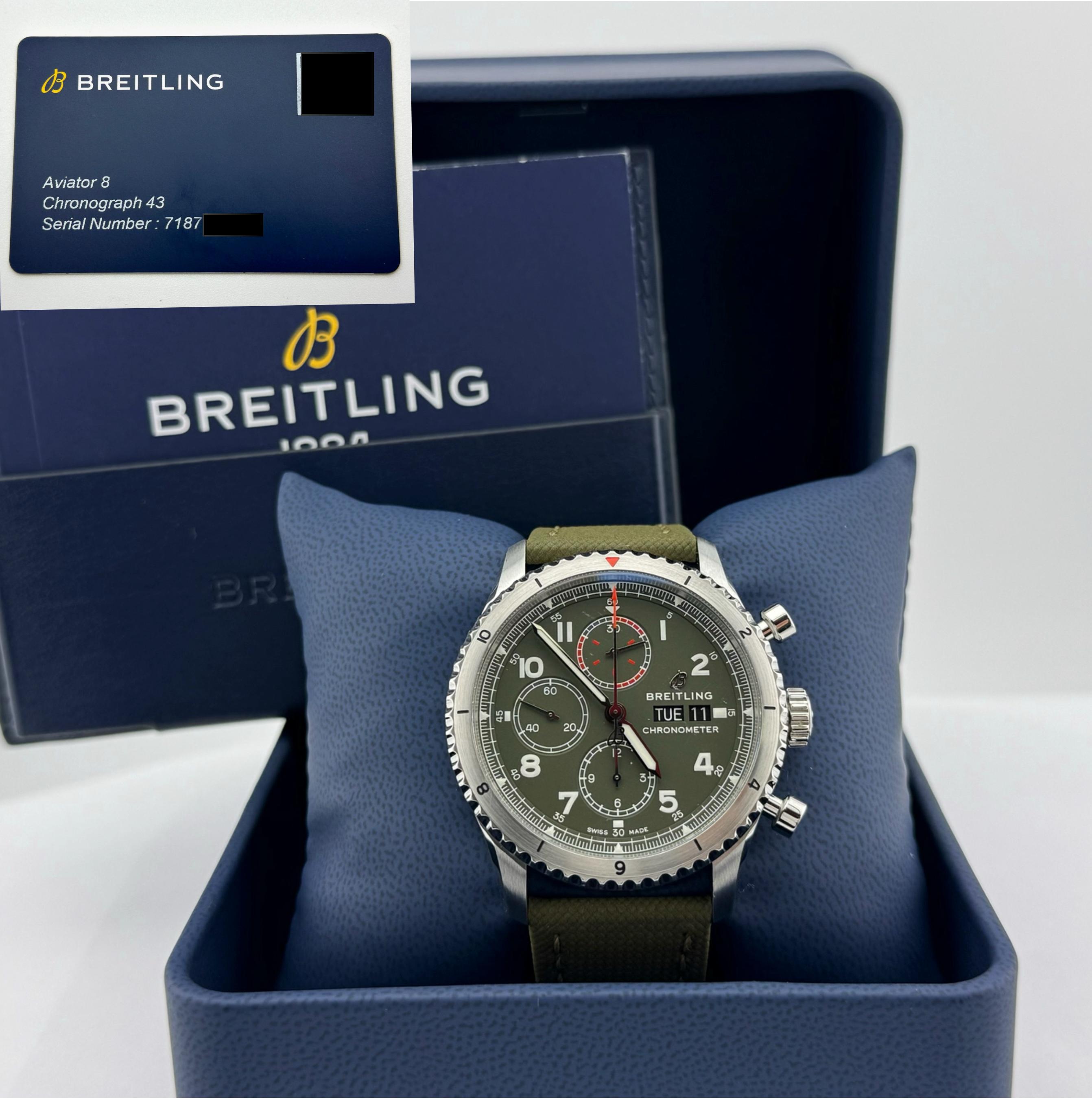 Style Number: A13316

Serial: 718****

Year: 2019

Model: Breitling Aviator 8 Chronograph

Case Material: Stainless Steel

Strap: Green Textile Strap

Bezel: Stainless Steel

Dial: Green

Crystal: Sapphire Crystal

Case Size: