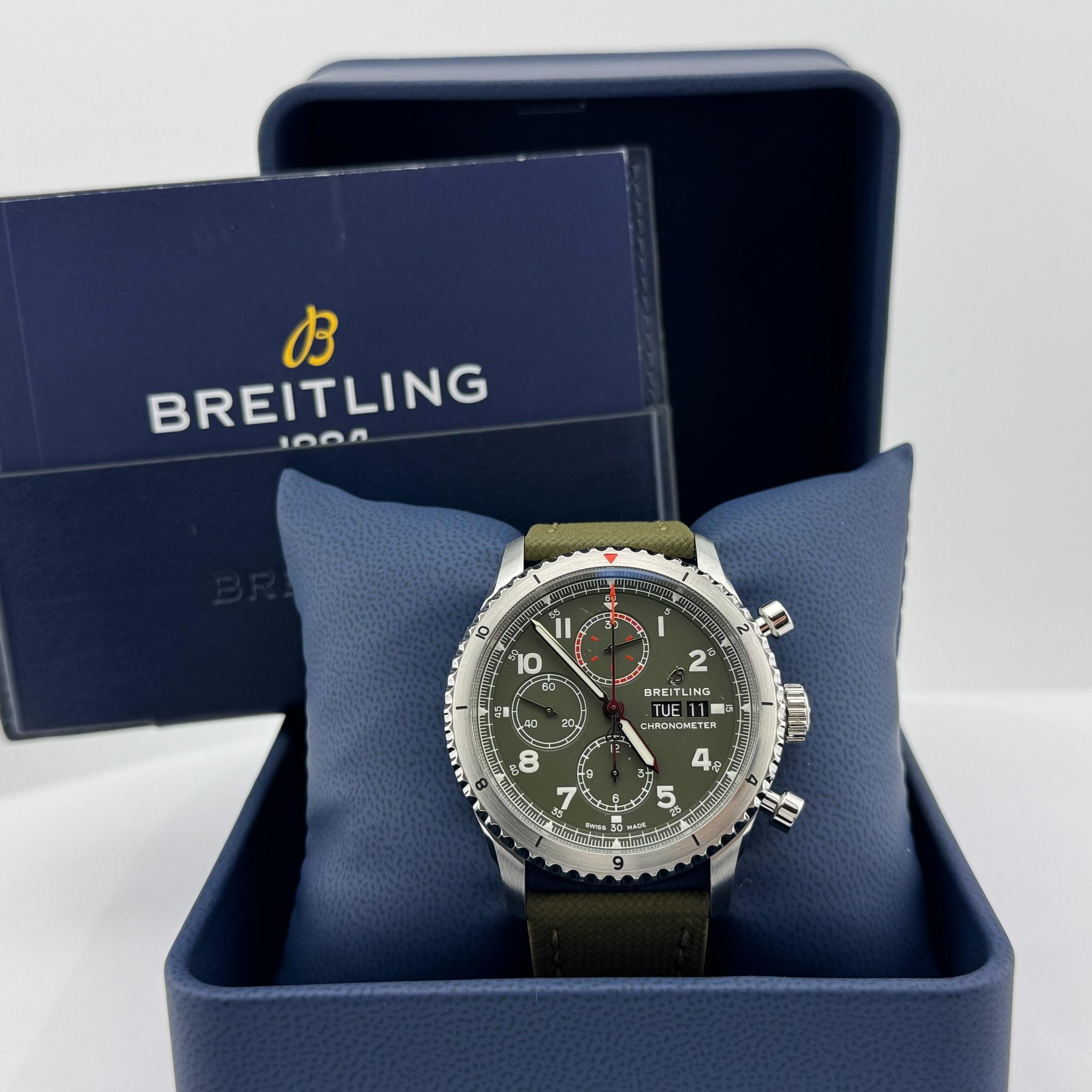 Breitling Aviator 8 Chronograph A13316 43mm Green Dial Stainless Steel Paper In Excellent Condition For Sale In San Diego, CA