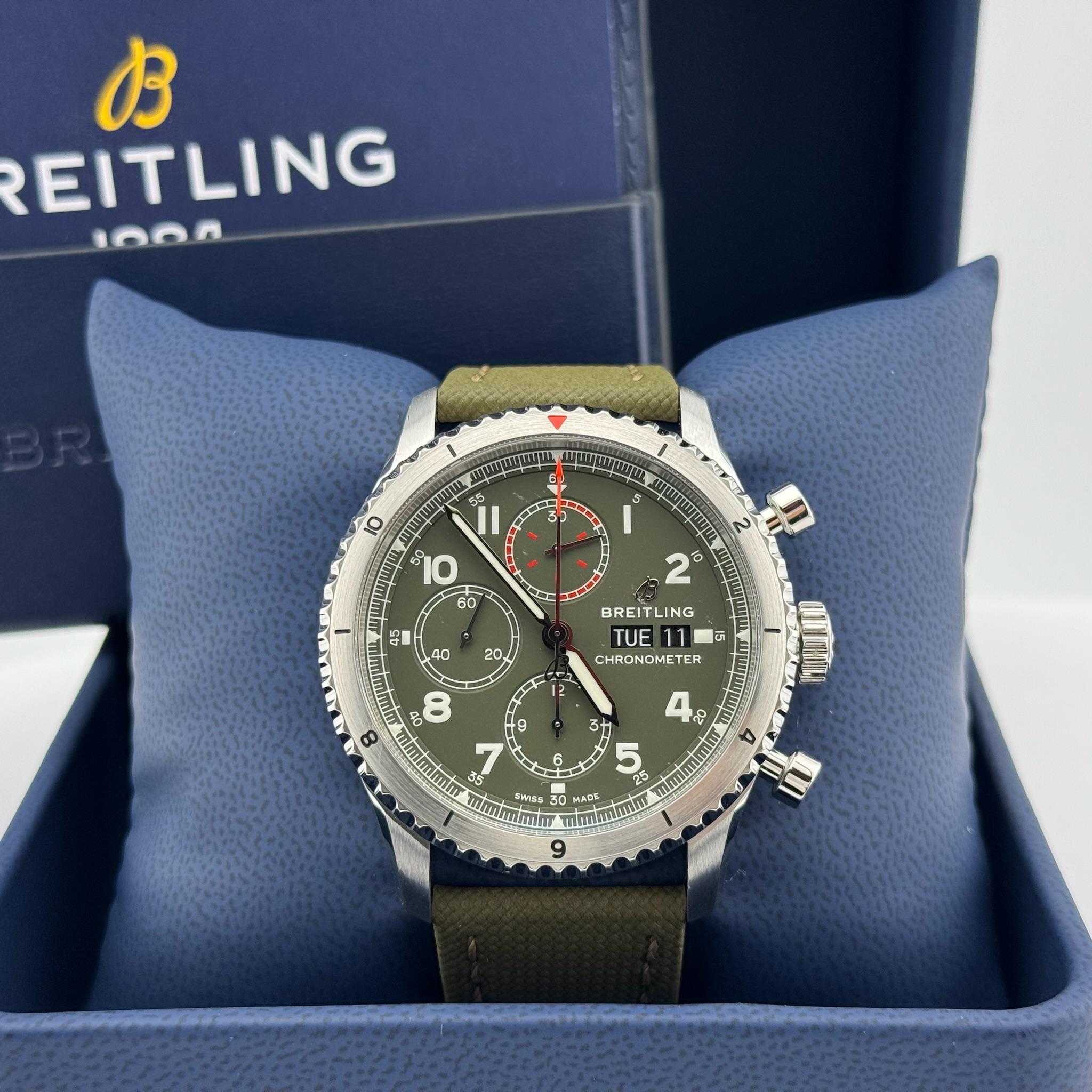 Men's Breitling Aviator 8 Chronograph A13316 43mm Green Dial Stainless Steel Paper For Sale