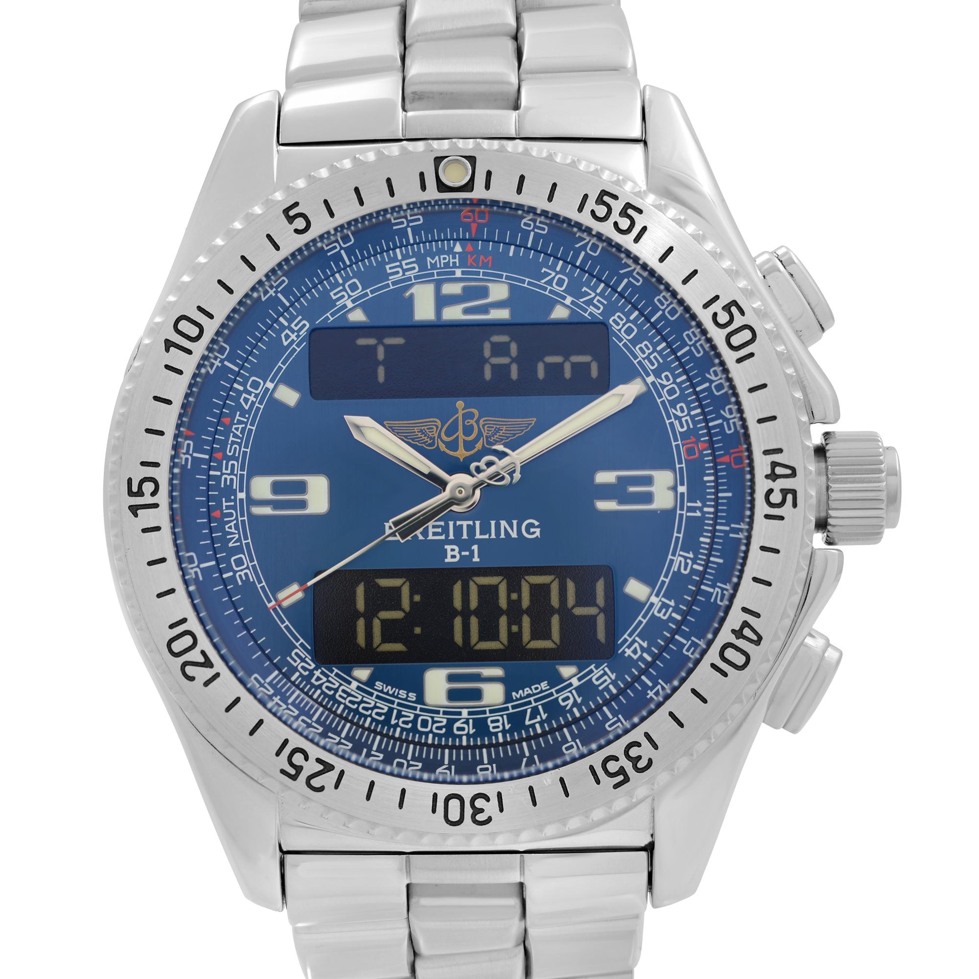 Pre-Owned Breitling B1 Chronograph Steel Analog-Digital Blue Dial Men's Quartz Watch A68362. This Beautiful Timepiece Features: Stainless Steel Case with a Stainless Steel Bracelet. Bi-directional Rotating Steel Bezel. Blue Dial with Luminous